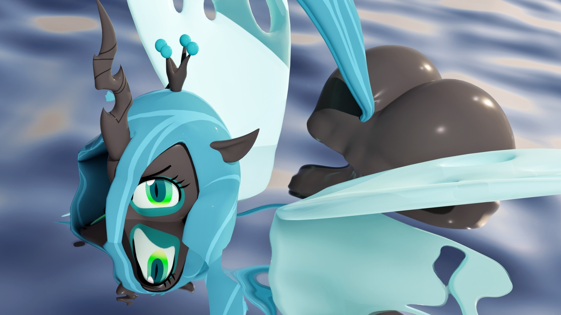 Anthro Queen Chrysalis partially submerged in water, using her butt to float. She is looking angrily at the viewer.