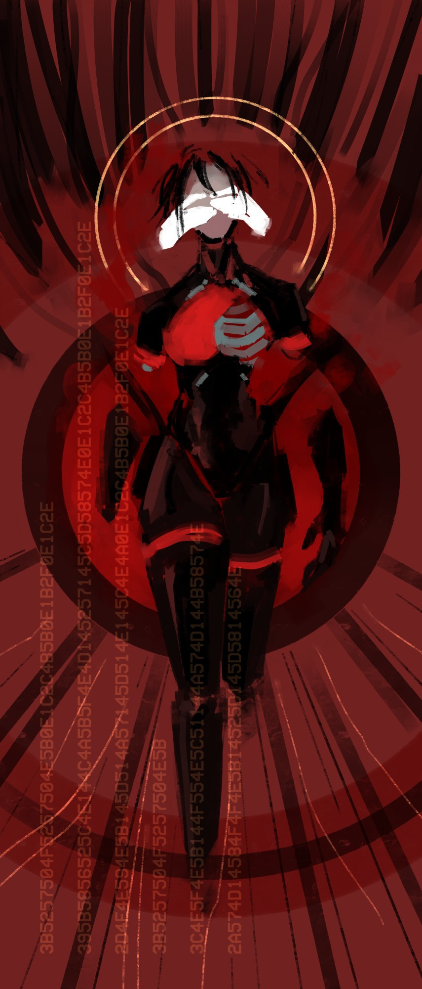 elser from signalis half-submerged in red. there are white hands covering her eyes.