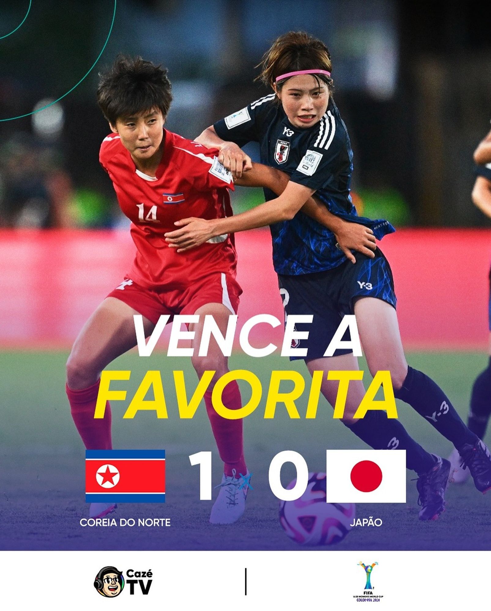 Imagem de uma jogadora japonesa e outra jogadora norte coreana disputando a bola, com uma arte na frente sinalizando o placar final do jogo: 1 a 0 para a Coréia Popular.