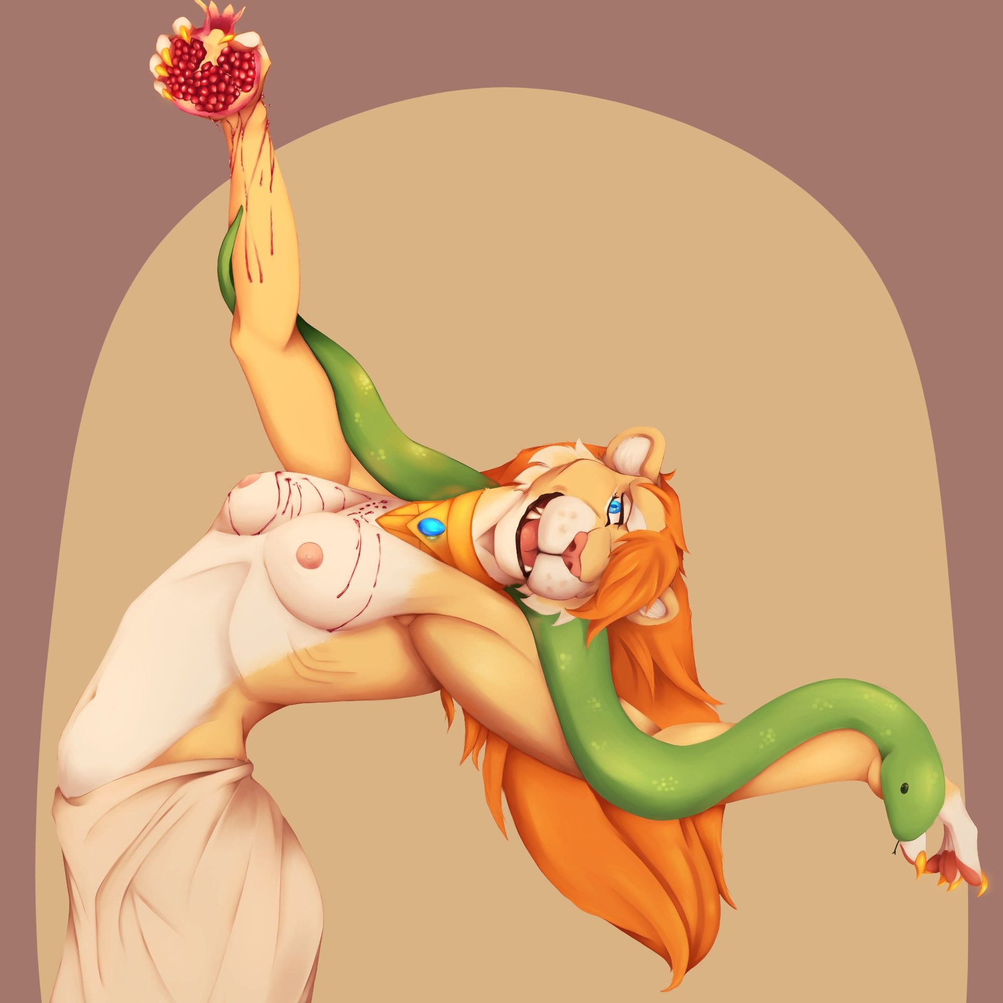 A lioness woman with long, ginger hair and bright blue eyes and golden claws, belly dancing and bending backwards with a green snake held on her shoulders, smirking up at the pomegranate she's holding and is bleeding its juices down her arm and dripping onto her chest. She is naked save for a big golden accessory on her neck, which holds a big blue gem, and white cloths wrapped around her waist