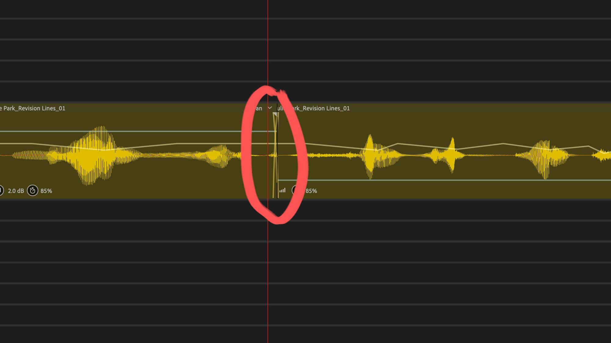 Two audio clips faded together on a multitrack timeline. A red circle indicates an accidental, aberrant syllable in the middle of the fade.