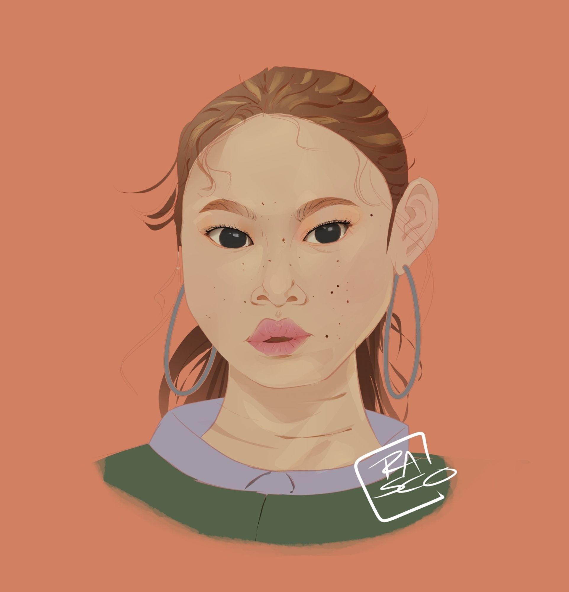 digital illustration, portrait of a brunette girl with her hair up