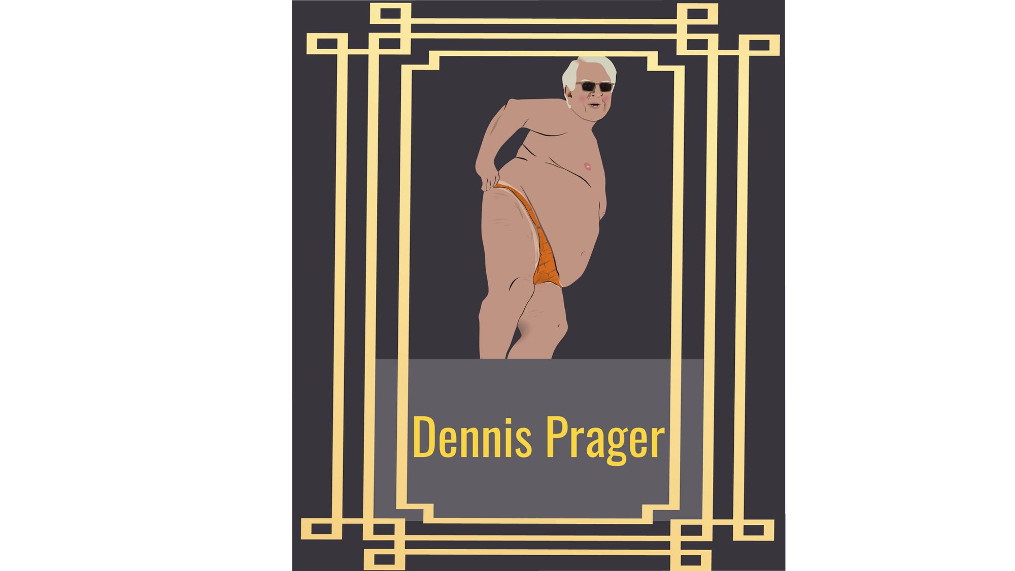 Trading card depicting Dennis Prager, who is wearing a skimpy speedo