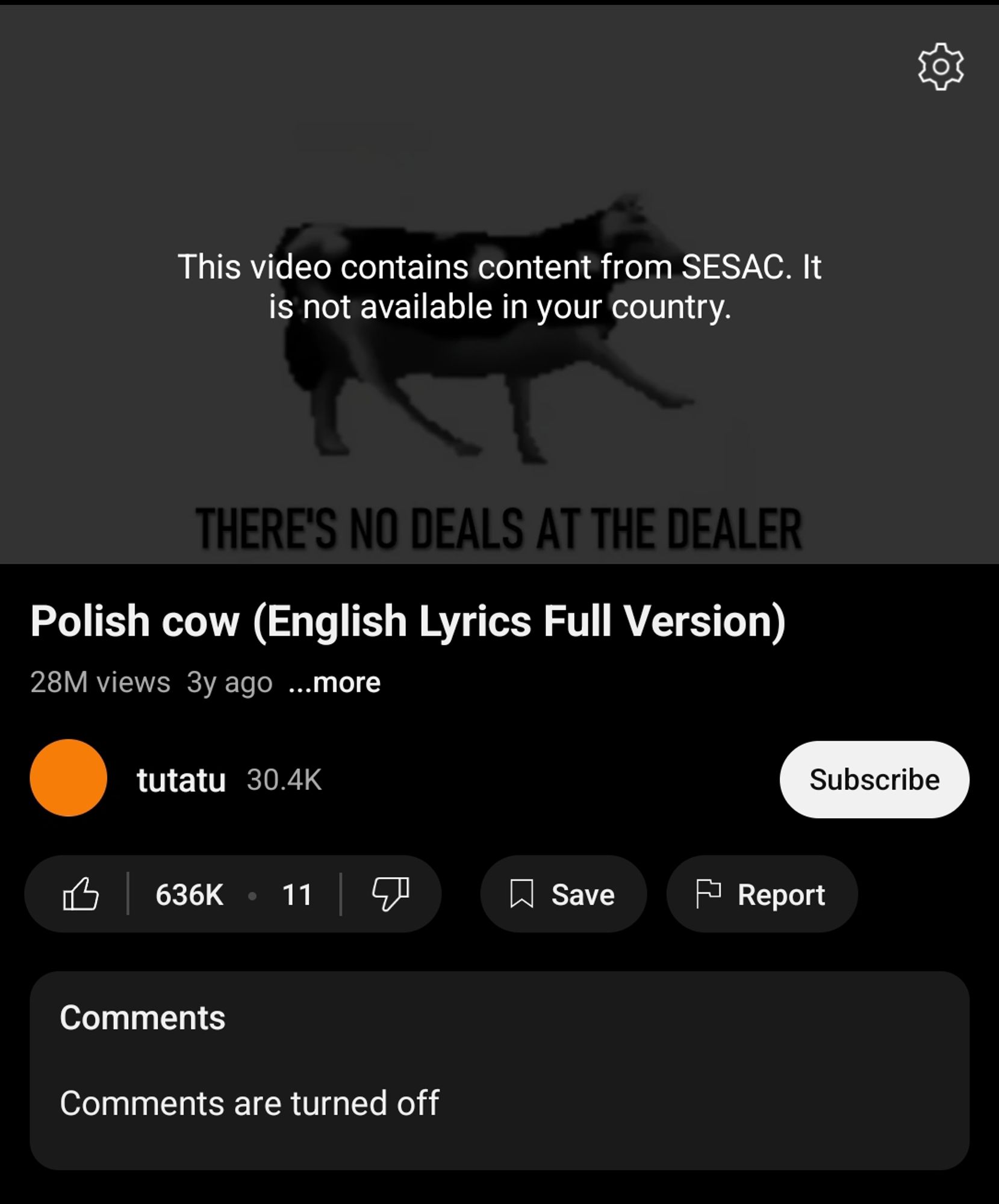 polish cow blocked in my country because it "contains content from SESAC" (FUCK YOU I JUST WANT MY FUNNY DANCING POLISH COW 😭)