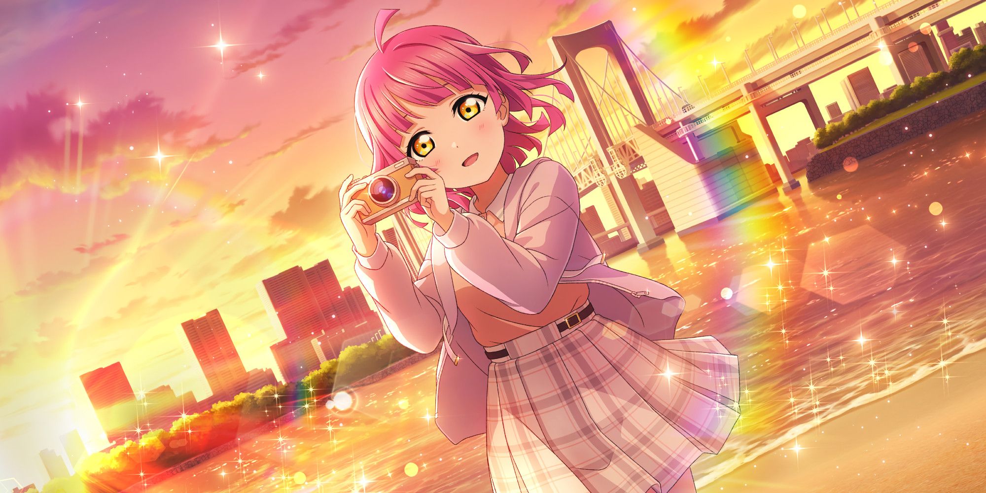 SIFAS UR card of Rina Tennoji holding a camera at a beach during sunset