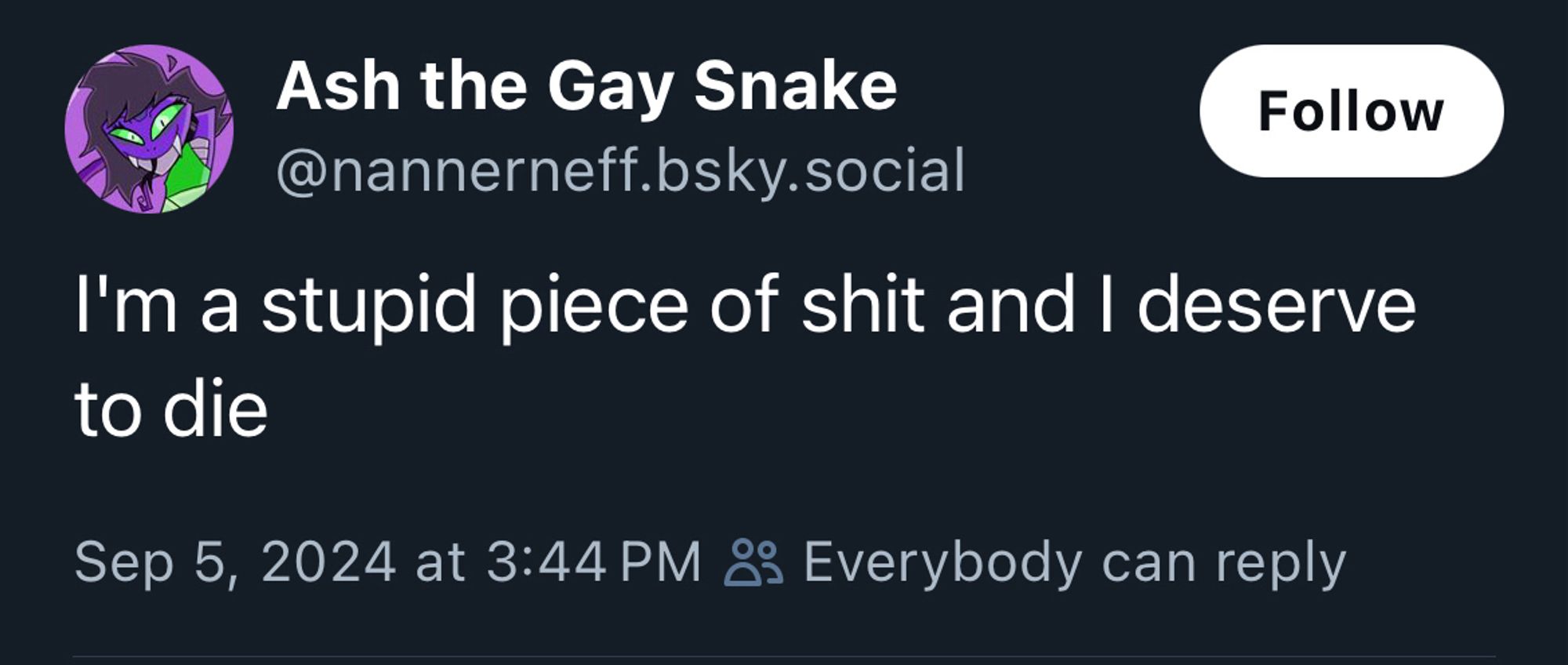 Screenshot of a post from Ash the Gay Snake/  @nannerneff.bsky.social

It reads:
I'm a stupid piece of shit and I deserve to die