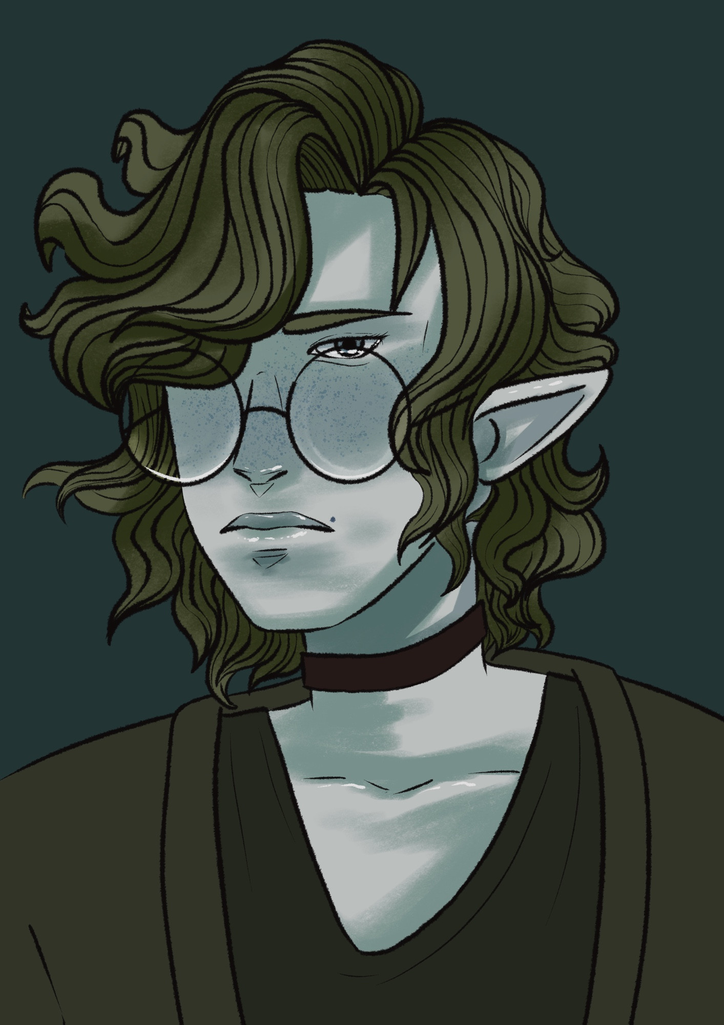 Digital art. Portrait of a blue water genasi man with short, wavy green hair, a choker, pointed ears and round glasses. He has a beauty mark over his lips.