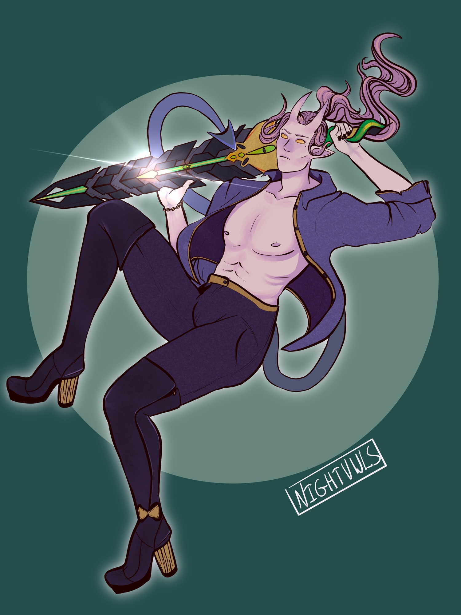 Digital art. Full body piece of a light pink tiefling suspended in mid air in front of a green background. He is holding a black, green, and yellow greatsword, with his tail wrapped around him and over the sword. His button up shirt is open, and he is wearing thigh-high boots with ribbons on the ankles.