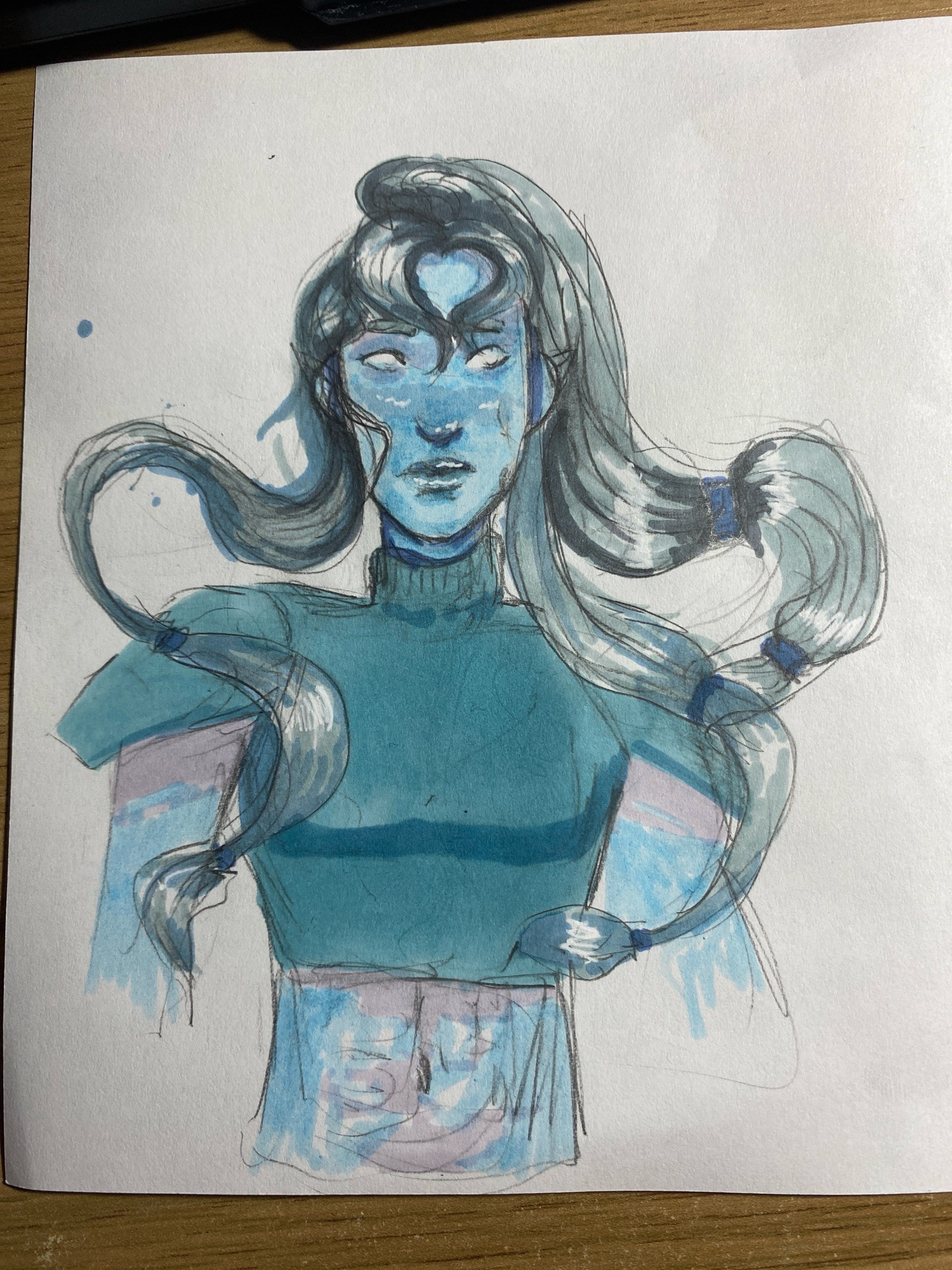 Traditional art, pencil and markers. Waist up piece of a blue air genasi with long hair, segmented by hair ties. He has no pupils, and a blank expression. 