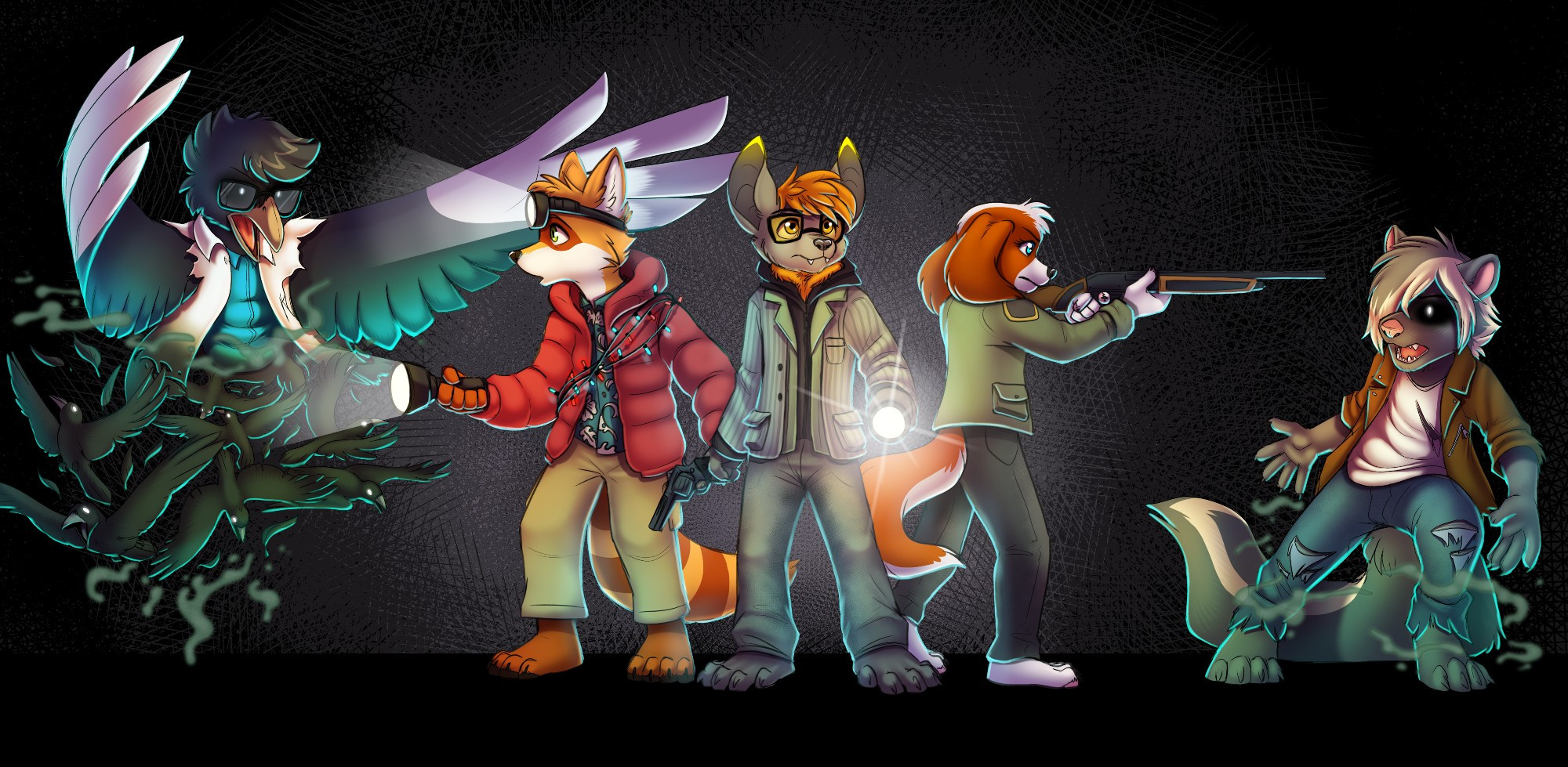 Baxter, an anthropomorphic fruit bat, is dressed as Alan Wake. 

Sparky, an anthropomorphic spaniel, is dressed as Sherriff Sarah Breaker. She's aiming her shotgun at Danny, an anthropomorphic skunk, who has become a Taken - someone possessed by darkness.

Tansunn, an anthropomorphic fox/raccoon mix, is dressed as Barry Wheeler. He is shining his flashlight and headlamp at Charlotte, an anthropomorphic magpie, who has become a Birdman - a form of Taken that can change into a flock of birds. She is in the middle of her transformation, with her bottom half still appearing as a flock of birds.

Alan Wake, Sherriff Breaker, Barry Wheeler, the Taken, and the Birdmen are all from the Alan Wake series of games.