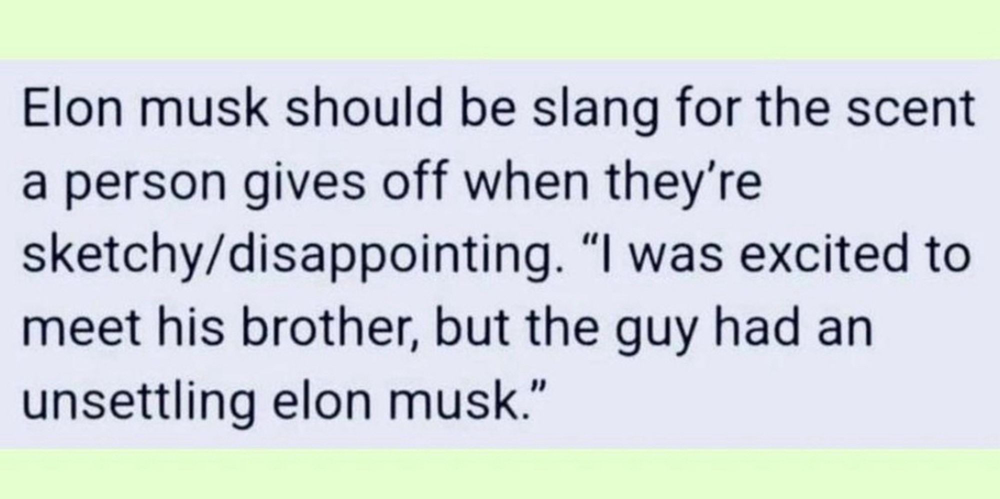 On a light blue background with a lime green top and bottom boarder it reads “Elon musk should be slang for the scent a person gives off when they're sketchy/disappointing. "I was excited to meet his brother, but the guy had an unsettling elon musk."