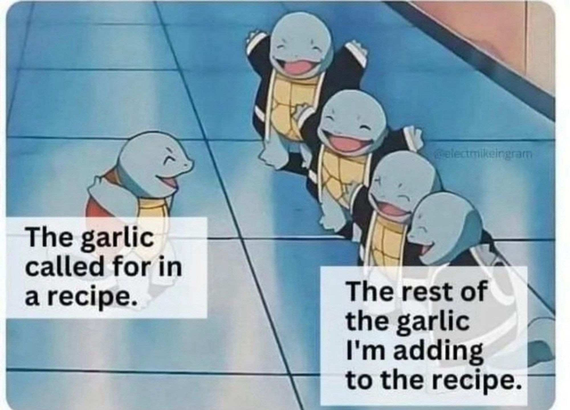 One very happy Squirtle on the left raises its arms in celebration with a line of four very happy Squirtles on the right dressed in black robes with their arms also raised in celebration. They all stand on a blue tile floor. The left Squirtle is labeled “The garlic called for in a recipe.” The right Squirtles are labeled “The rest of the garlic I'm adding to the recipe.” Meme by electmikeingamn