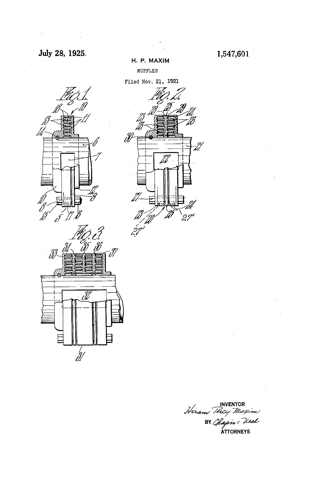 An application for a "muffler" filed by H. P. Maxim, using the same concept of chambers giving gas time to expand and therefore reduce the sound they make.