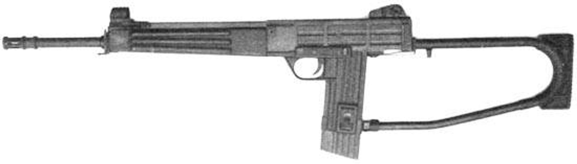 The rifle variant, from the left side, with the folding stock extended and in it's full profile with a white background. You'll notice the magazines 25 rounds in order to function while staying straight. Also note that the rifle variant is the variant with the 18" barrel.

Image source: wikimedia