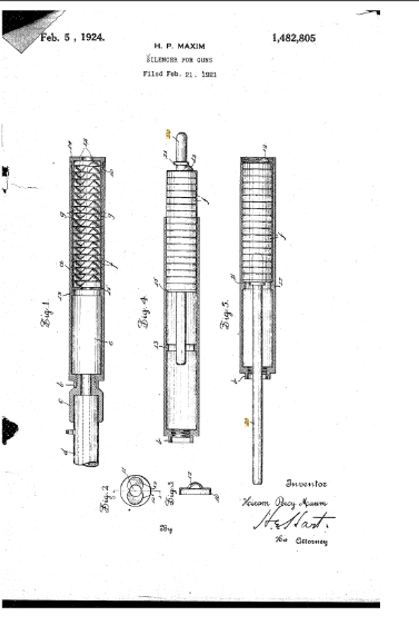 The patent H.P. Maxim was granted in 1924, titled "Silencer for guns." It is a very thick tube with a large hole in the center, with a bunch of chambers cut into the tube while leaving a thick wall on the outside. The gas, escaping behind the bullet, will push into the chambers as much as it will push forward, giving the gas more space to expand before it's pushing air and creating noise.