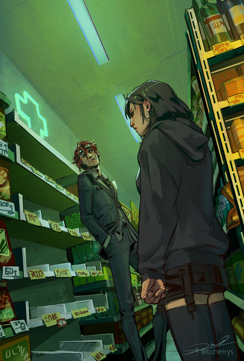 Low dutch angle painting of Reno and Tifa Lockhart from FF7 standing in a convenience store aisle with sickly green fluorescent lighting, looking at an empty medicine shelf