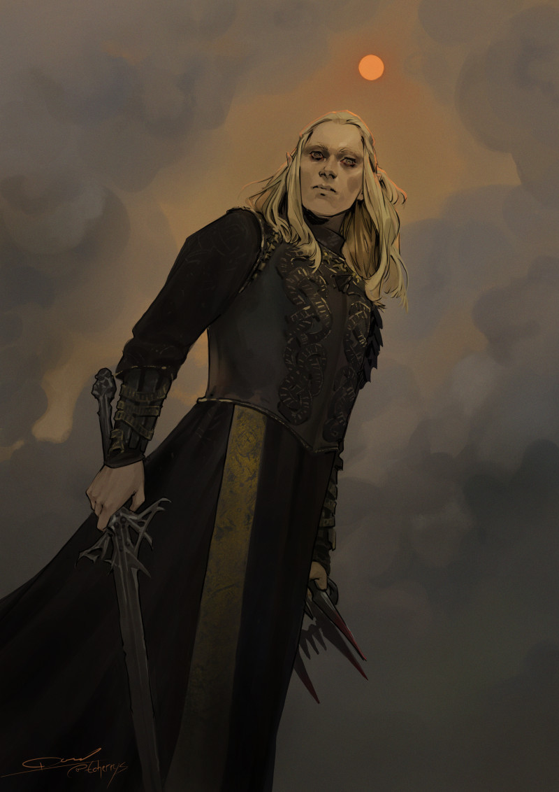 Painting of Sauron from The Rings of Power series in his black robe and armor, ominously looking down at the viewer with an orange sun behind him and smoke framing him.