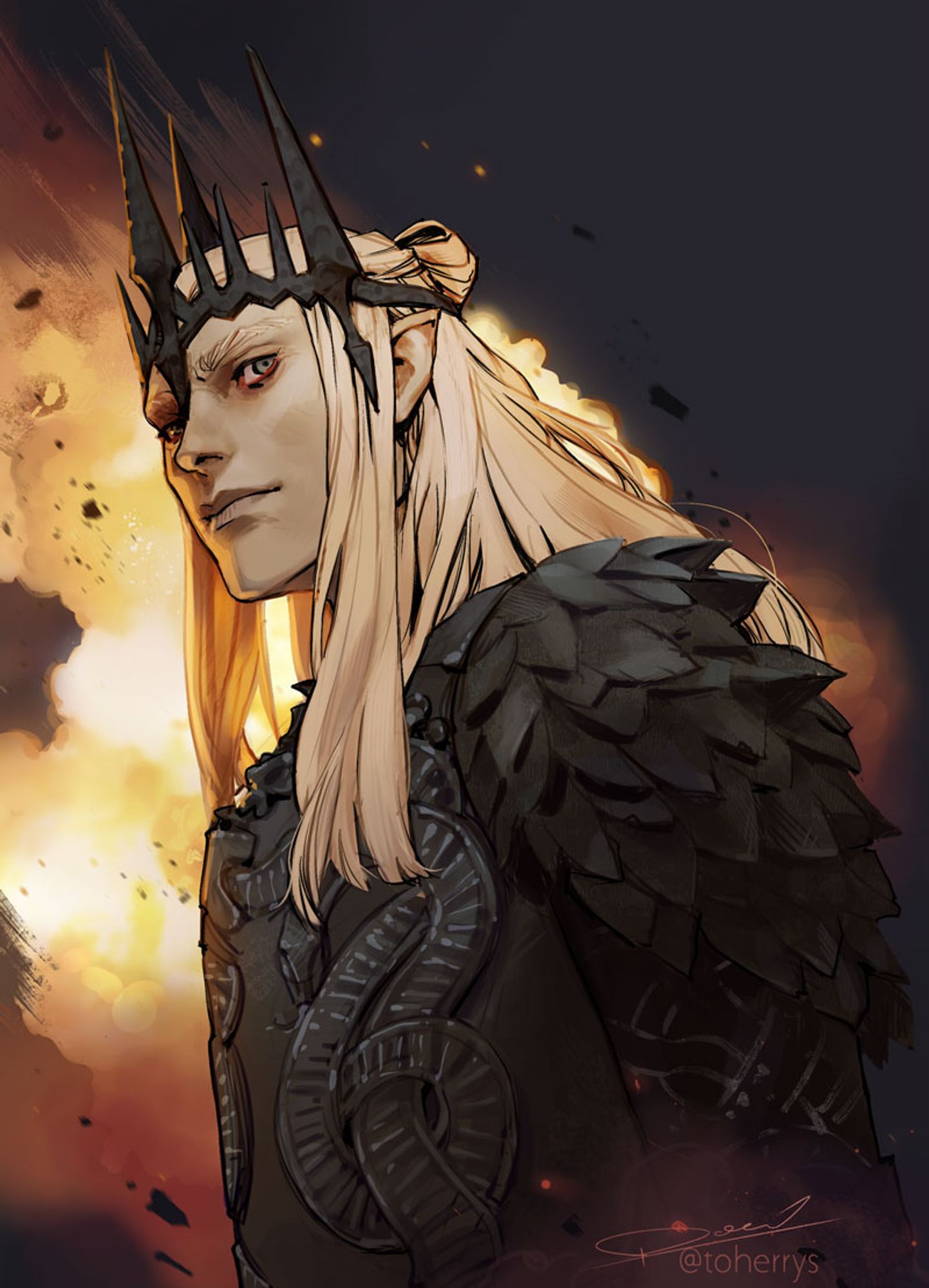 Slightly low angle bust of The Rings of Power version of Sauron in his Annatar form, wearing his black snake-detailed armor and dark crown, looking off to the side and unbothered by the firey explosion behind him