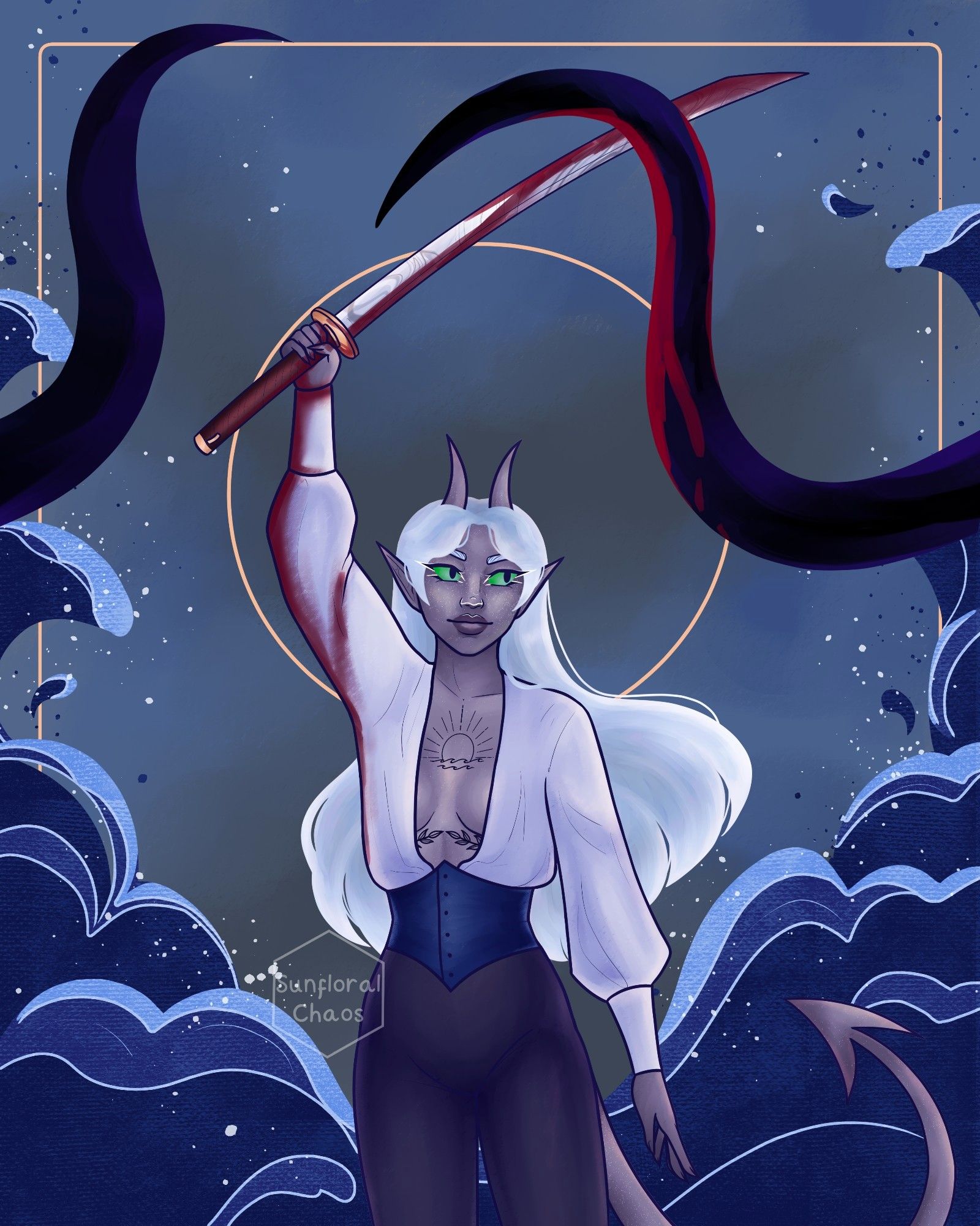 A thigh up portrait of my OC Nyria (a grey skinned tiefling with long white hair and green cat eyes). She has one arm raised holding a sword that has been stabbed through a dark black tentacle. Blood drips down the sword and her arm Stylised waves sit in the background.