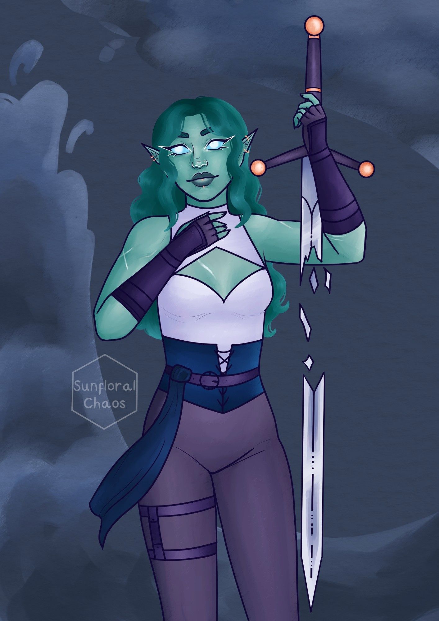 Knee up portrait of my OC Ayre, a teal skinned/haired water genasi. She is holding a claymore with a shattered blade