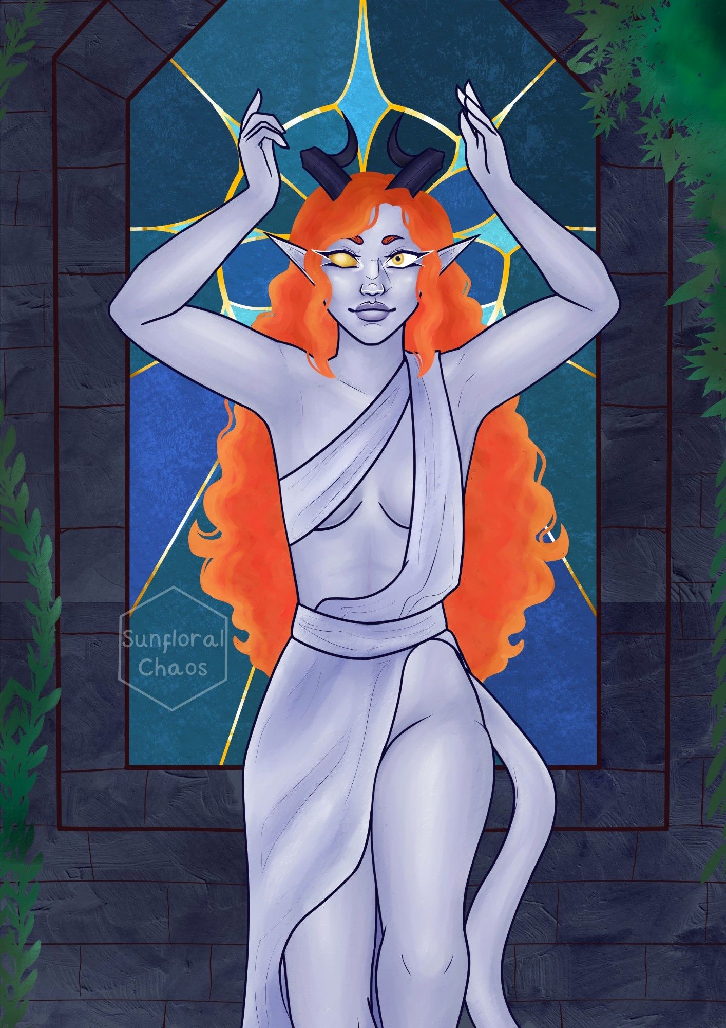 A pale grey skinned tiefling wearing a white robe, she has long curly ginger hair and one solid gold eye
She sits against a stained window, with a sunlike design acting like a halo. The walls are dark and cracked, with vines growing up them