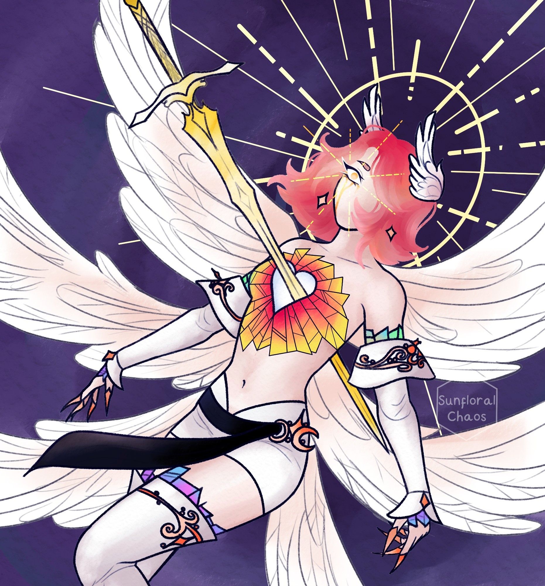 A knee op portrait of a pale skinned, pink haired aasimar/angelic oc with six wings and 2 head wings. A golden sword goes through their chest.  The only part of their face that's visable is their right eye