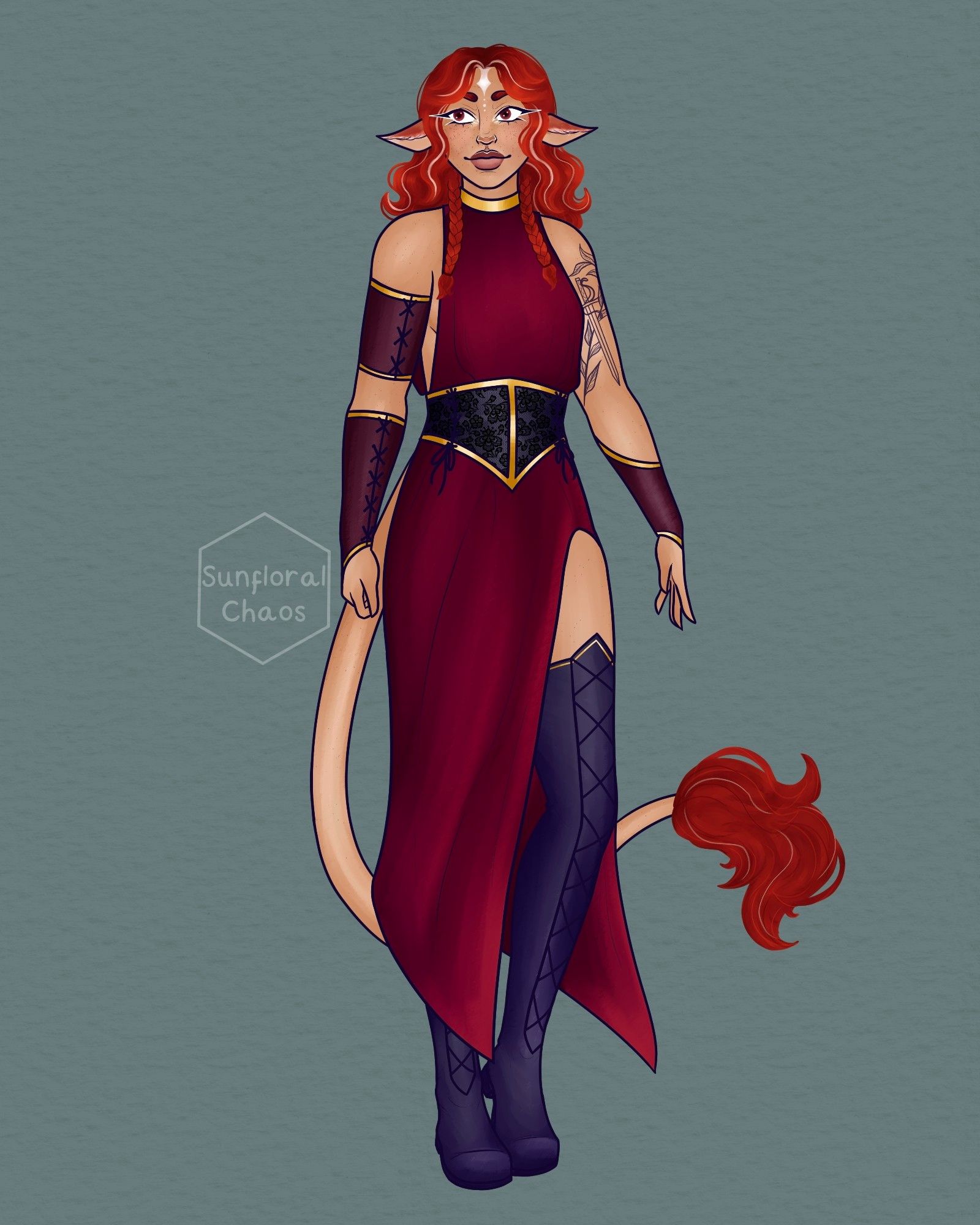 A tall tanned skin firbolg woman with short fluffy wavy reddish hair, a tattoo of a rapier and vines of her left arm. Wearing a red dress. She has a pale diamond shape on her forehead and pale streaks in her hair