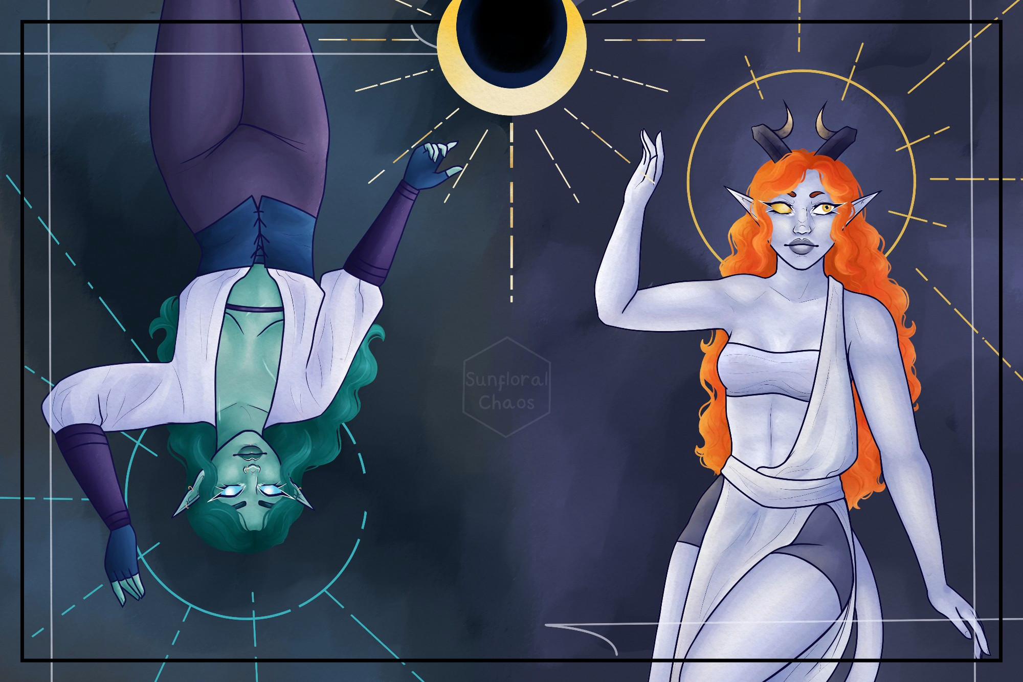 A painting of my ocs Ayre (a teal skinned water genasi with wavy green hair) and Prophecy (a pale grey tiefling with long ginger/orange curly hair). In the upper centre is a sun with a dark centre
Ayres portrait on the left is reversed, on hand reaching to the top centre of the page.
Prophecys is on the right, leaning away from the centre with one hand raised as if to shield her from light.