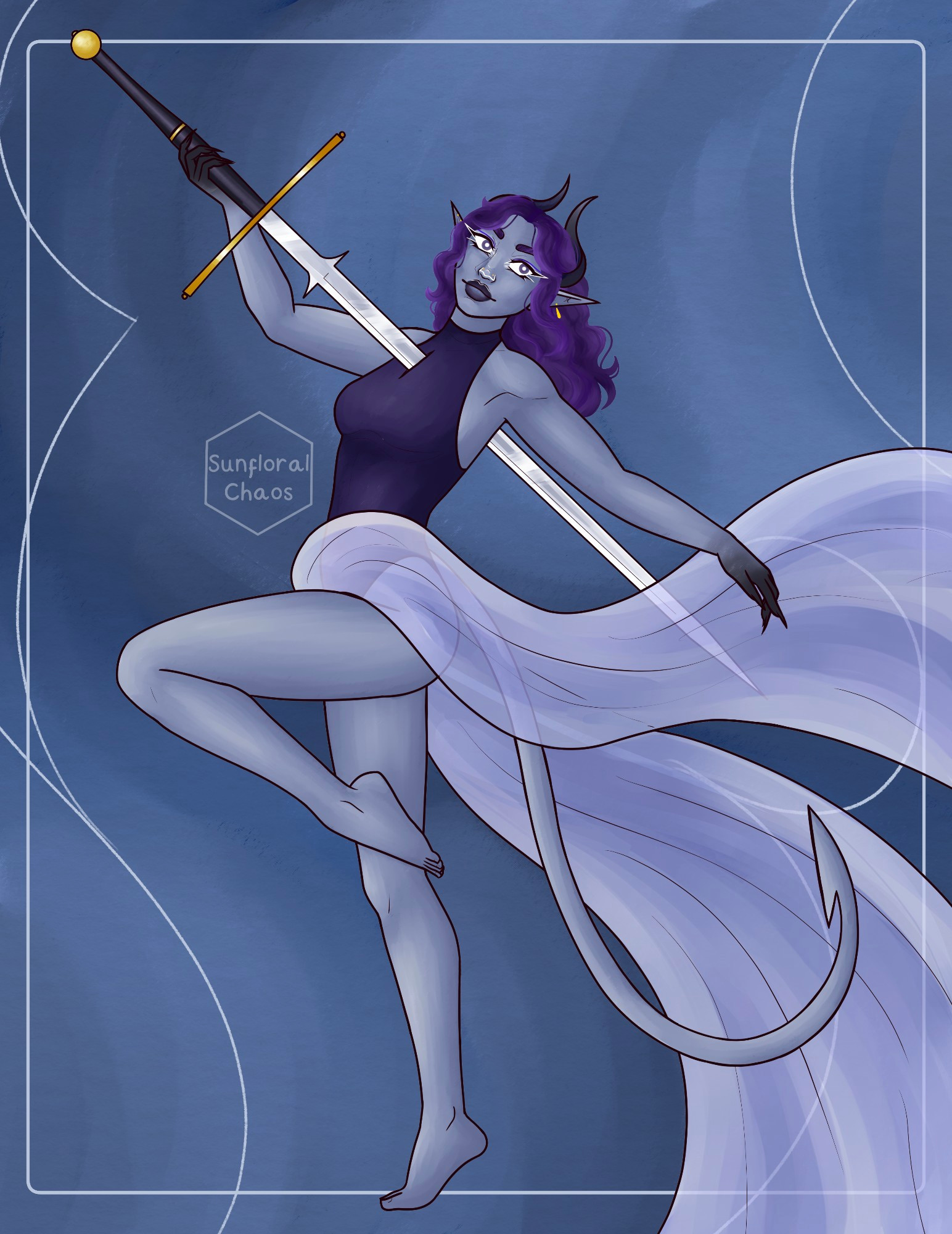 Art of a grey skinned tall and lean tiefling with short wavy purple hair, she has a sword though her chest and seems to be mid dance. She as sheer fabric draped around her waist and blowing out behind her