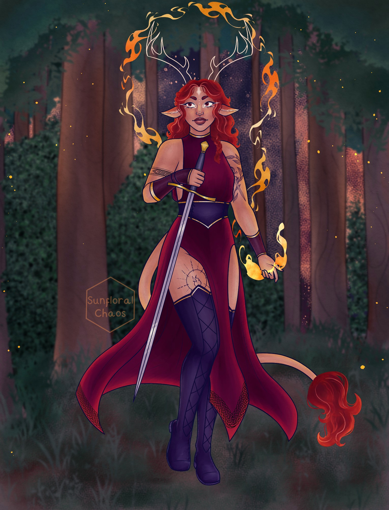 A painting of my OC Brydi, a tan skinned firbolg with wavy red hair, she's wearing a flower red dress and thigh high boots, she has tattoos on her biceps and one on her thigh. She's holding a slim sword in one hand and the over is holding flames which extend up around her head like a halo. The outline of glowing stag antlers hover above her head. Behind her is a dark forest, with an orange glow beyond the trees 