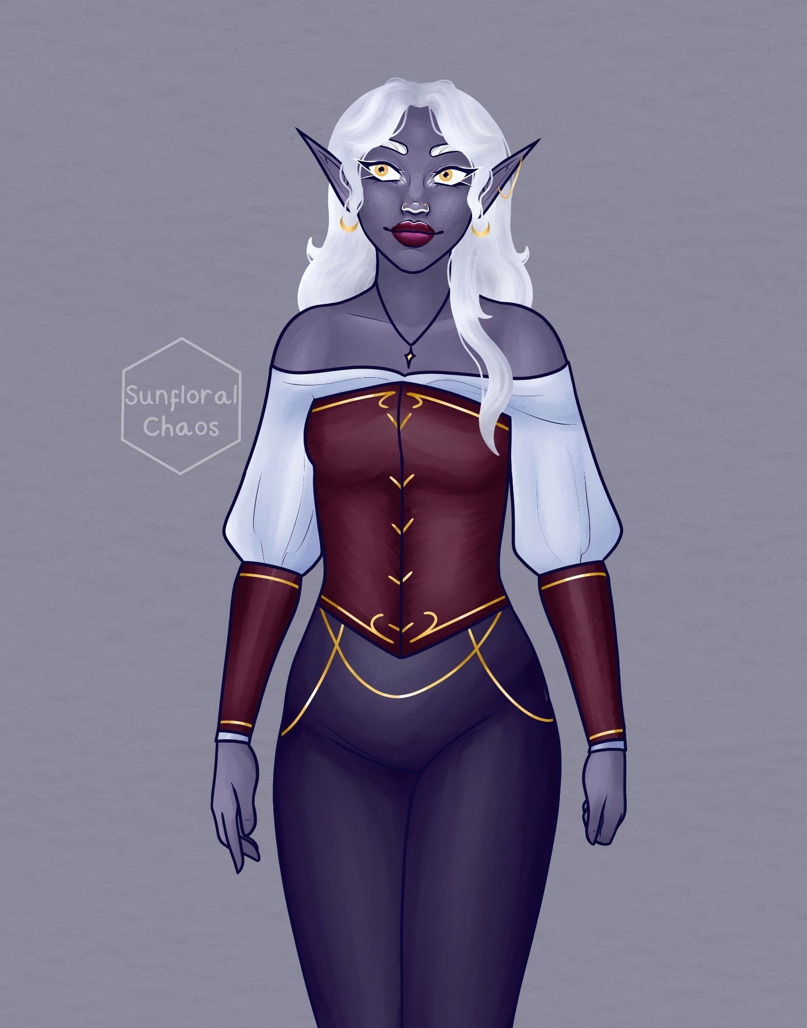 A thigh up portrait of a drow women, she has gold eyes. She's wearing leather bracers and corset, with gold details and jewellery