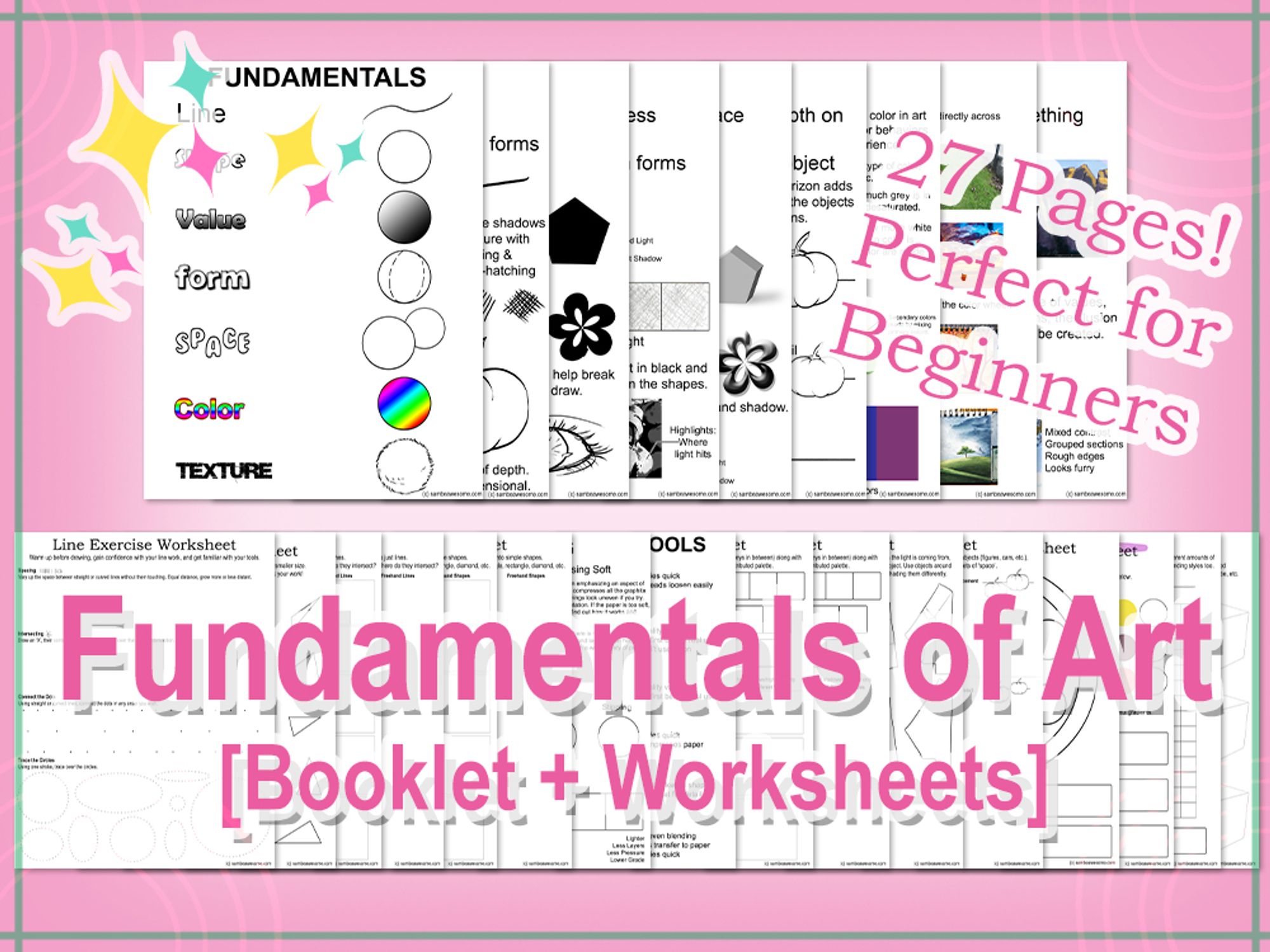 A pink themed banner graphic with mini page previews of the product, and text that reads: "Fundamentals of Art, Booklet + Worksheets. 27 pages! Perfect for beginners."