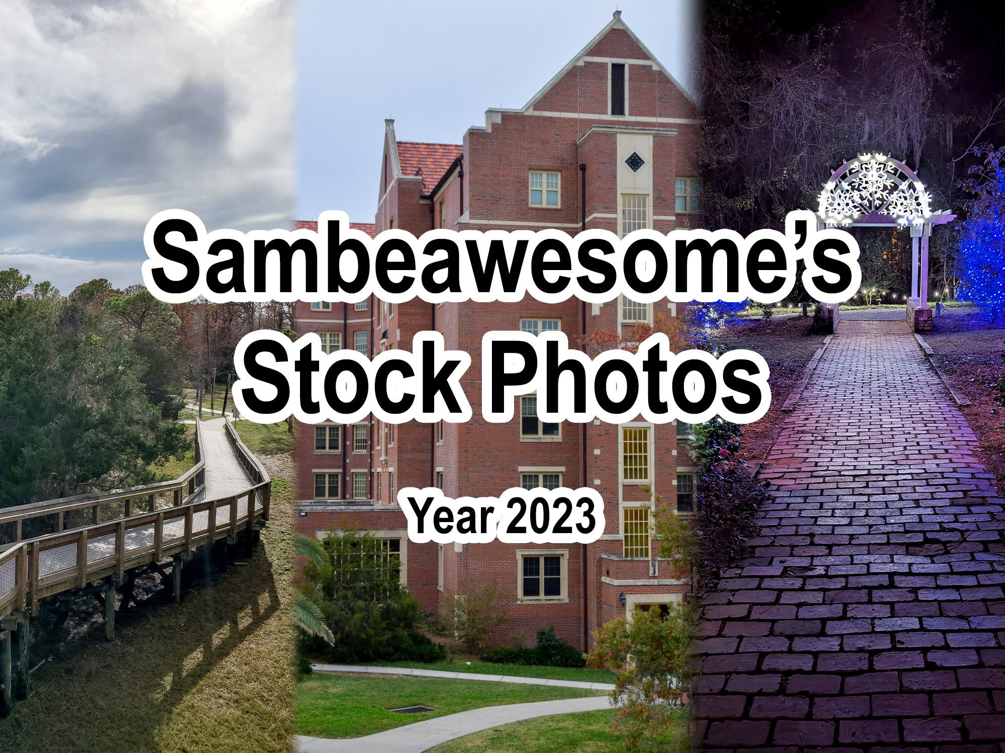 A set of various photos sampled from the stock photo pack with text overlaying them reading: Sambeawesome's Stock Photos, Year 2023