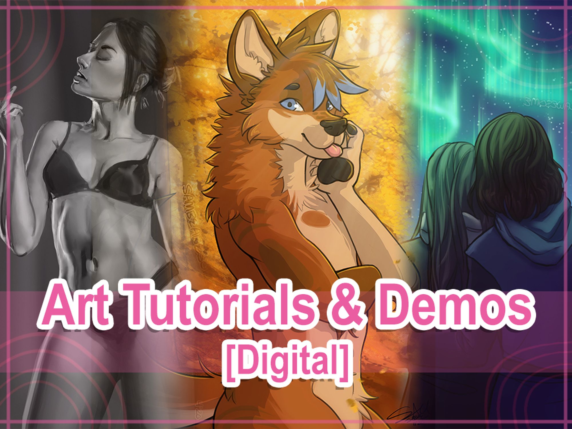 A banner graphic with three different digital artworks (a greyscale figure study, an anthro furry character fall themed, and a couple seen snuggling from behind looking out at nighttime auroras) with the text: Art tutorials & demos (digital).