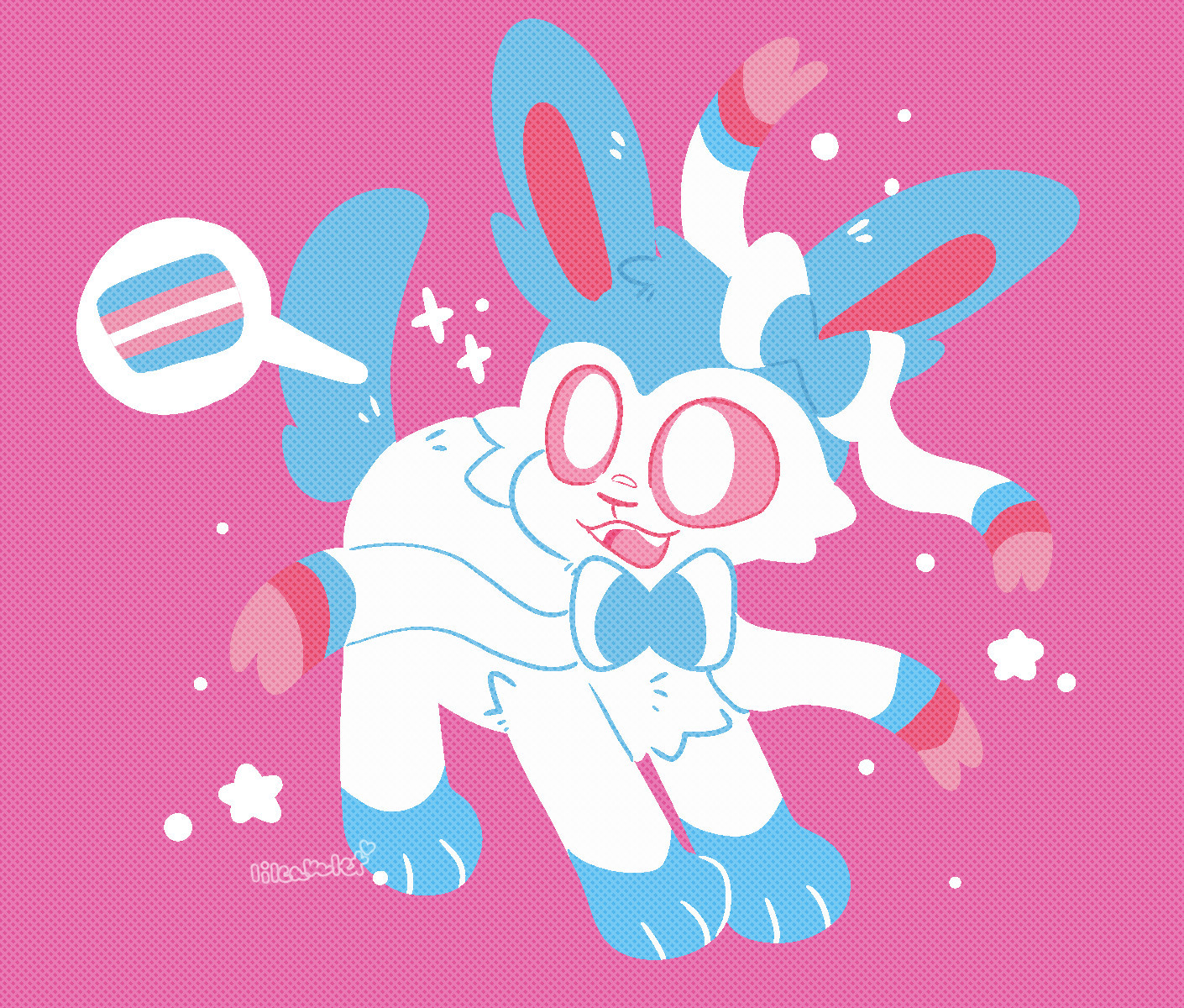 an image of a sylveon, theres a speech bubble attached with the trans flag on it 