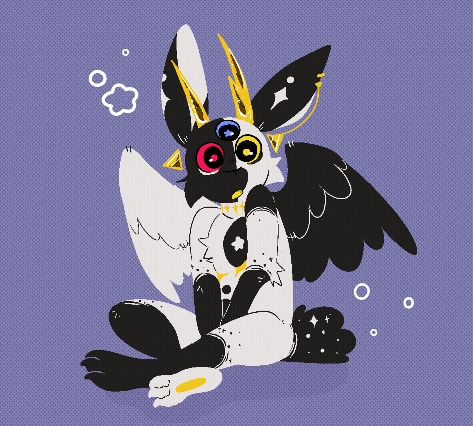 a wolpertinger sitting with his legs crossed and arms in his lap