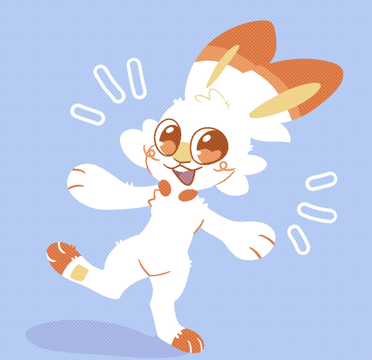 a scorbunny with spread arms and one leg raised