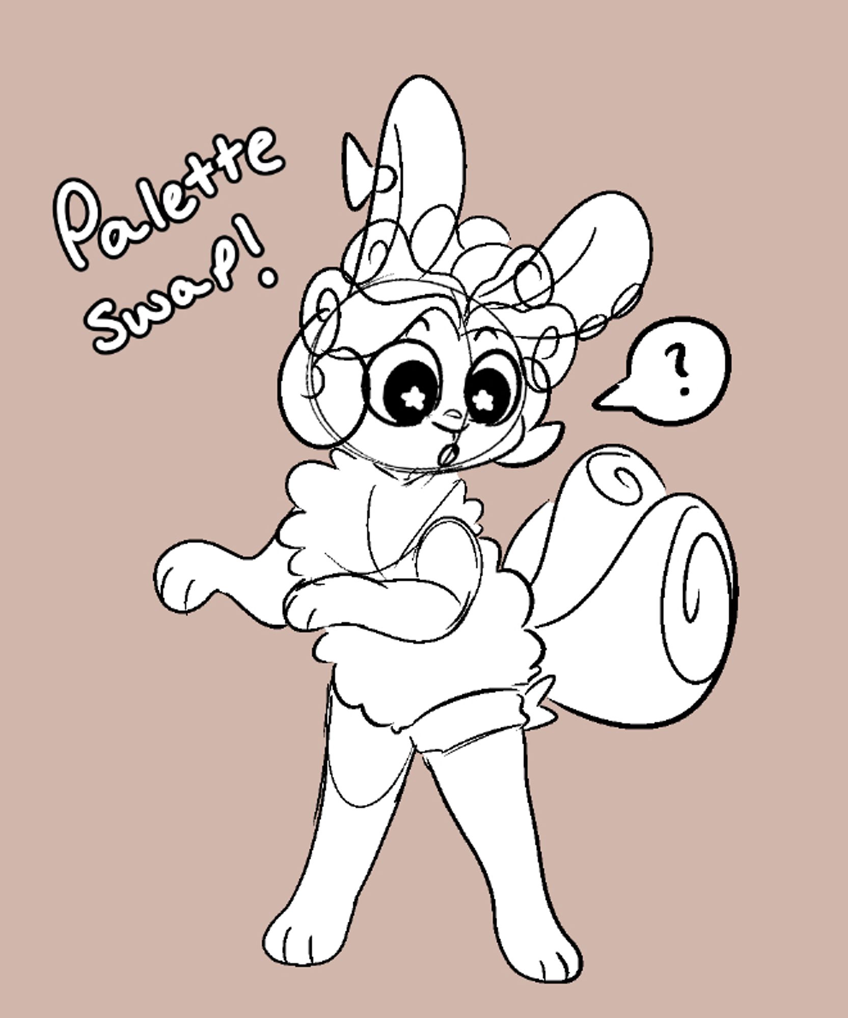 a sketchy image of cake standing and looking at his tails, hes uncolored, and the text to the side reads 'palette swap!'