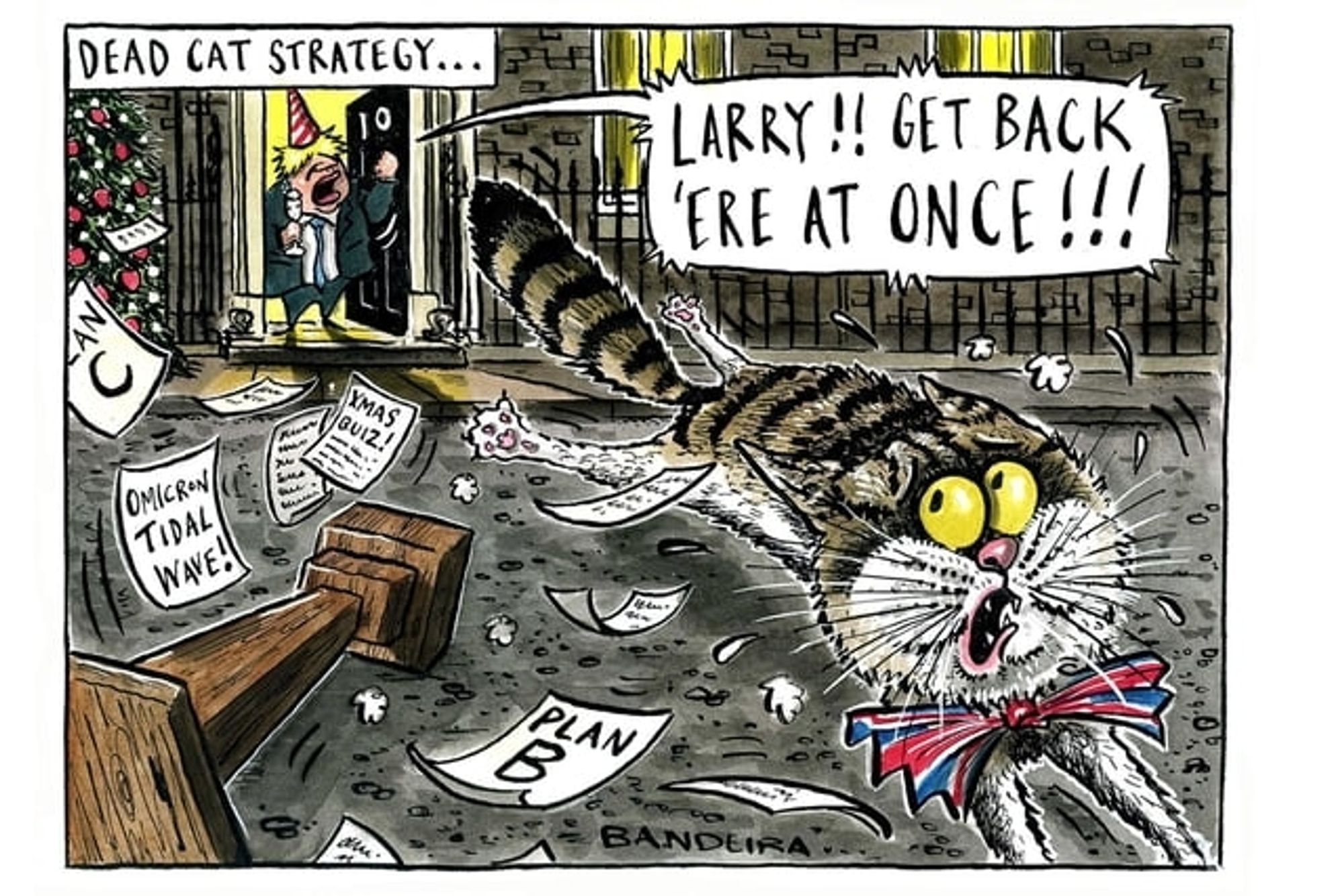 Political cartoon depicting A yellow-haired slobbish politician yelling at a cat who has escaped to "get back 'er at once" amidst a flurry of paper documents and plans B & C