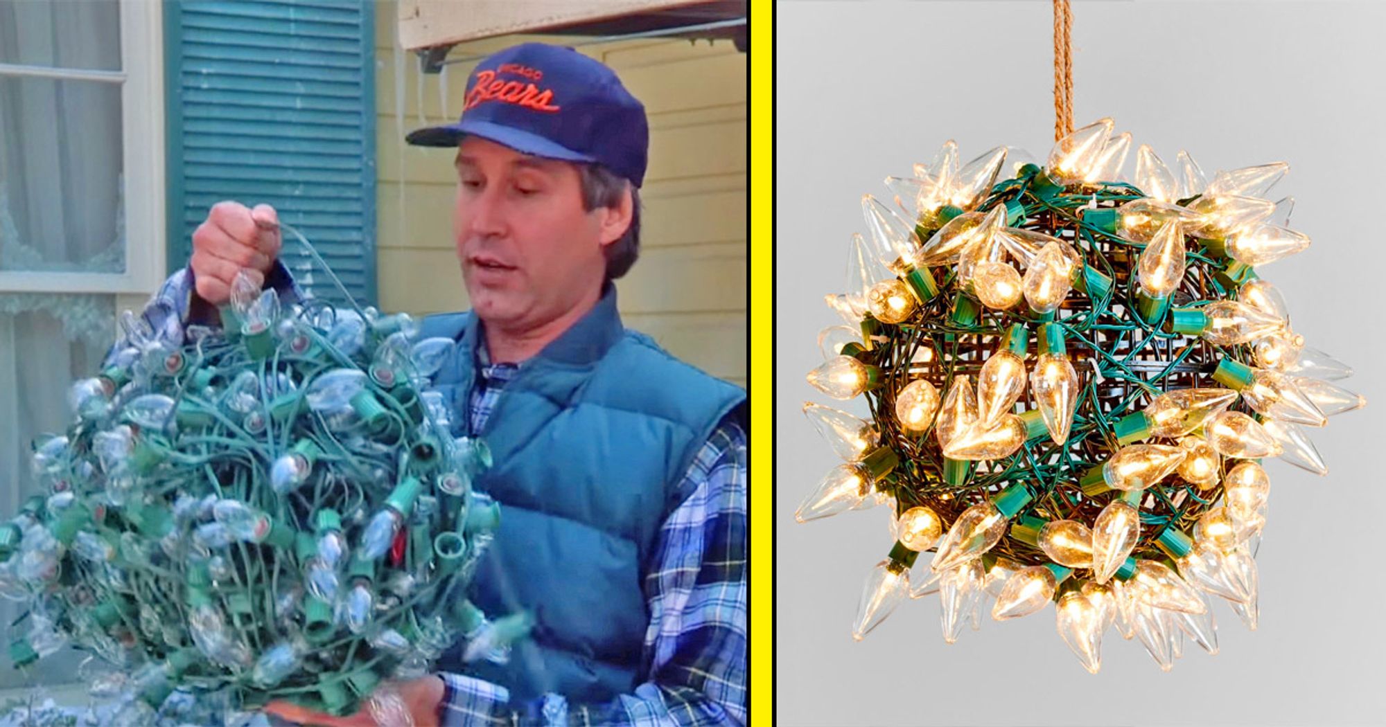 Andrew Mason holding a ball of tangled xmas lights in one side, on the other, a spherical ball of xmas lights light up