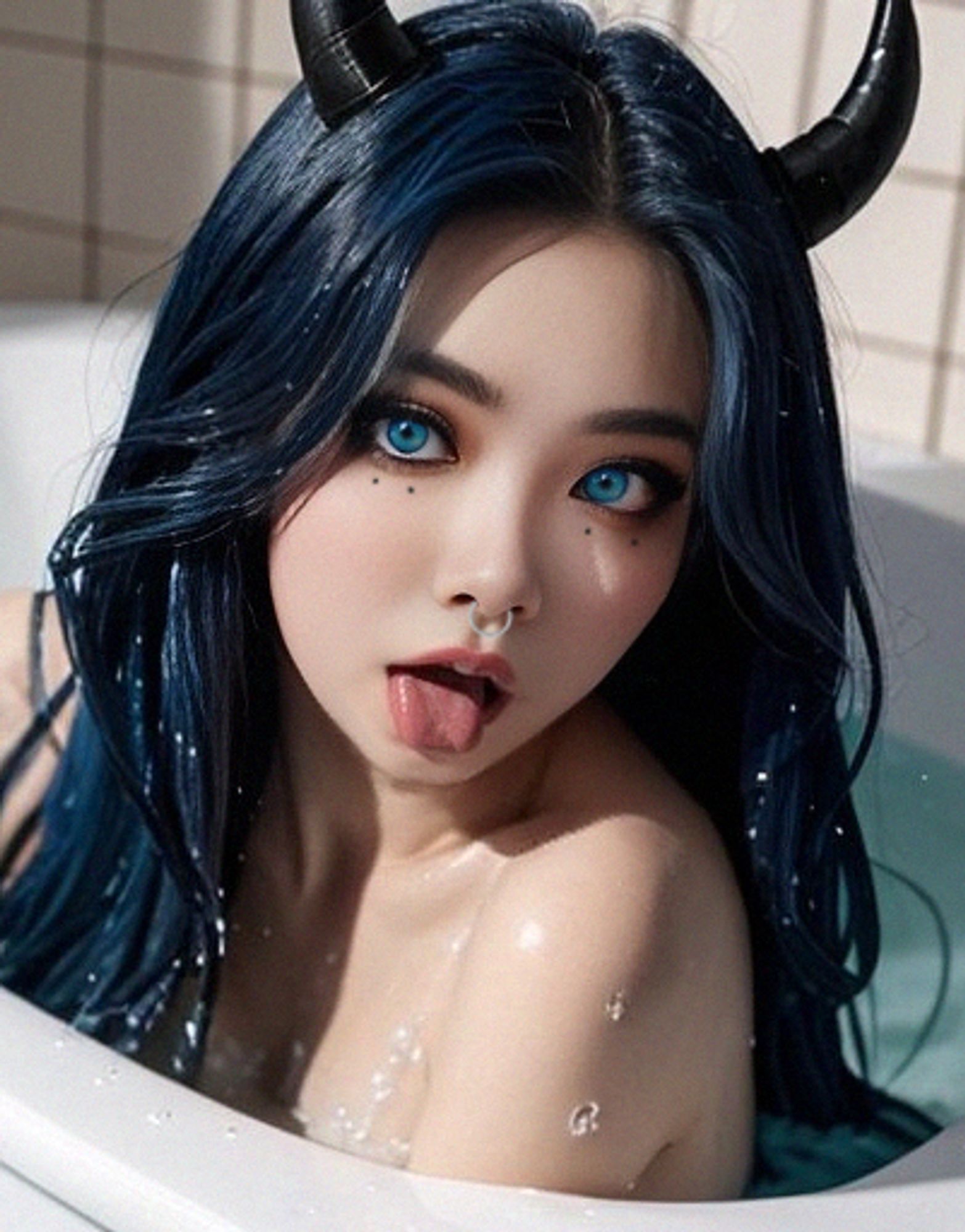 A succubus with blue hair and horns, sitting in a bathtub, sticking out her tongue, surrounded by water.