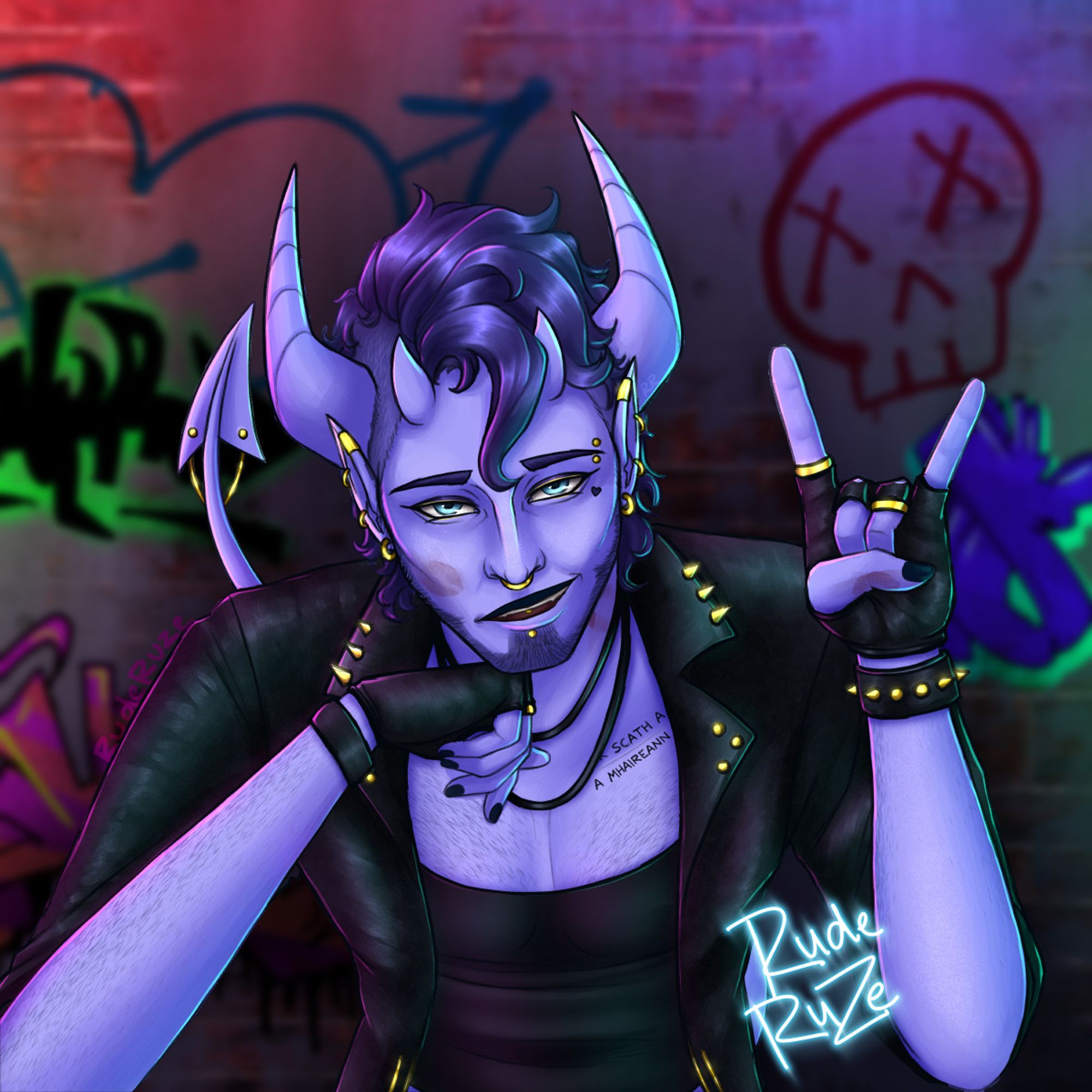 A colorful illustration featuring a purple tiefling with gold piercings wearing black and spiked leather in front of a modern brick wall covered in graffiti. He's leaning on one hand while the other gestures a set of horns to the viewer, and has smudged lipstick on his cheek, neck, and thumb