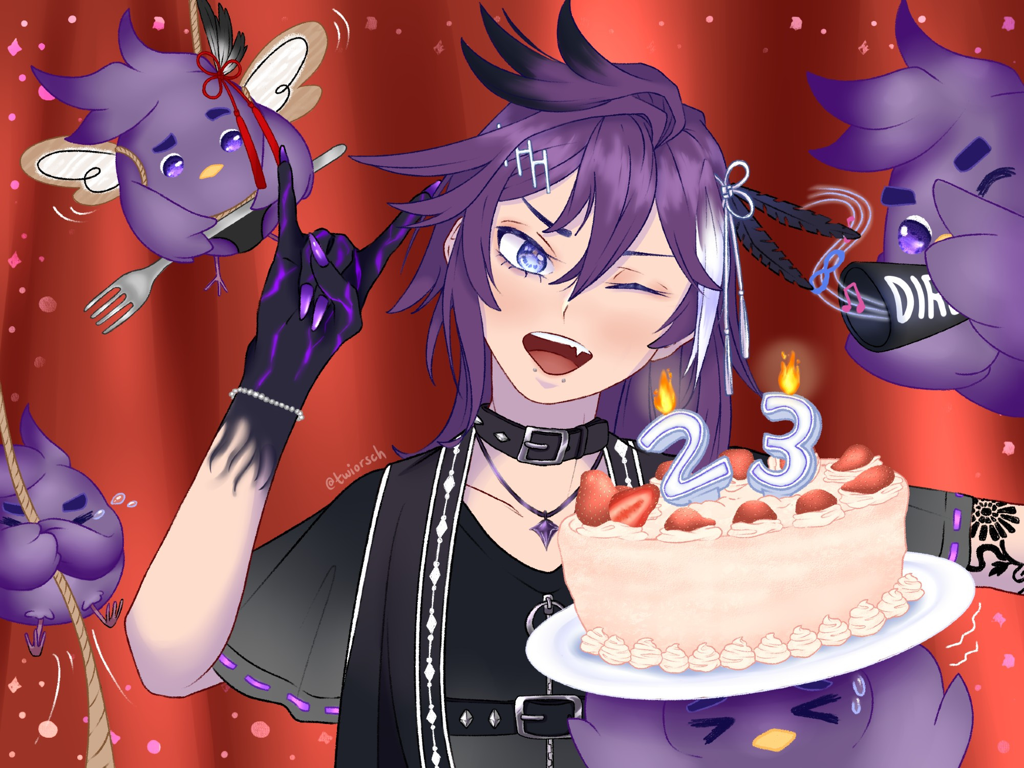 a fanart of Banzoin Hakka Ch. HOLOSTARS-EN with the Hakkitos greeting Octavio a happy 23rd birthday, against a red curtain