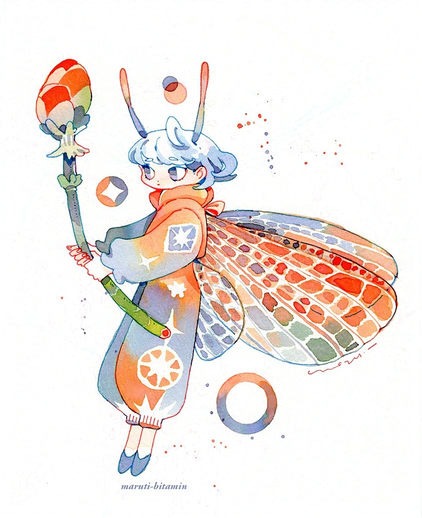 watercolour and ink painting of a character inspired by the mayfly holding a tsukushi