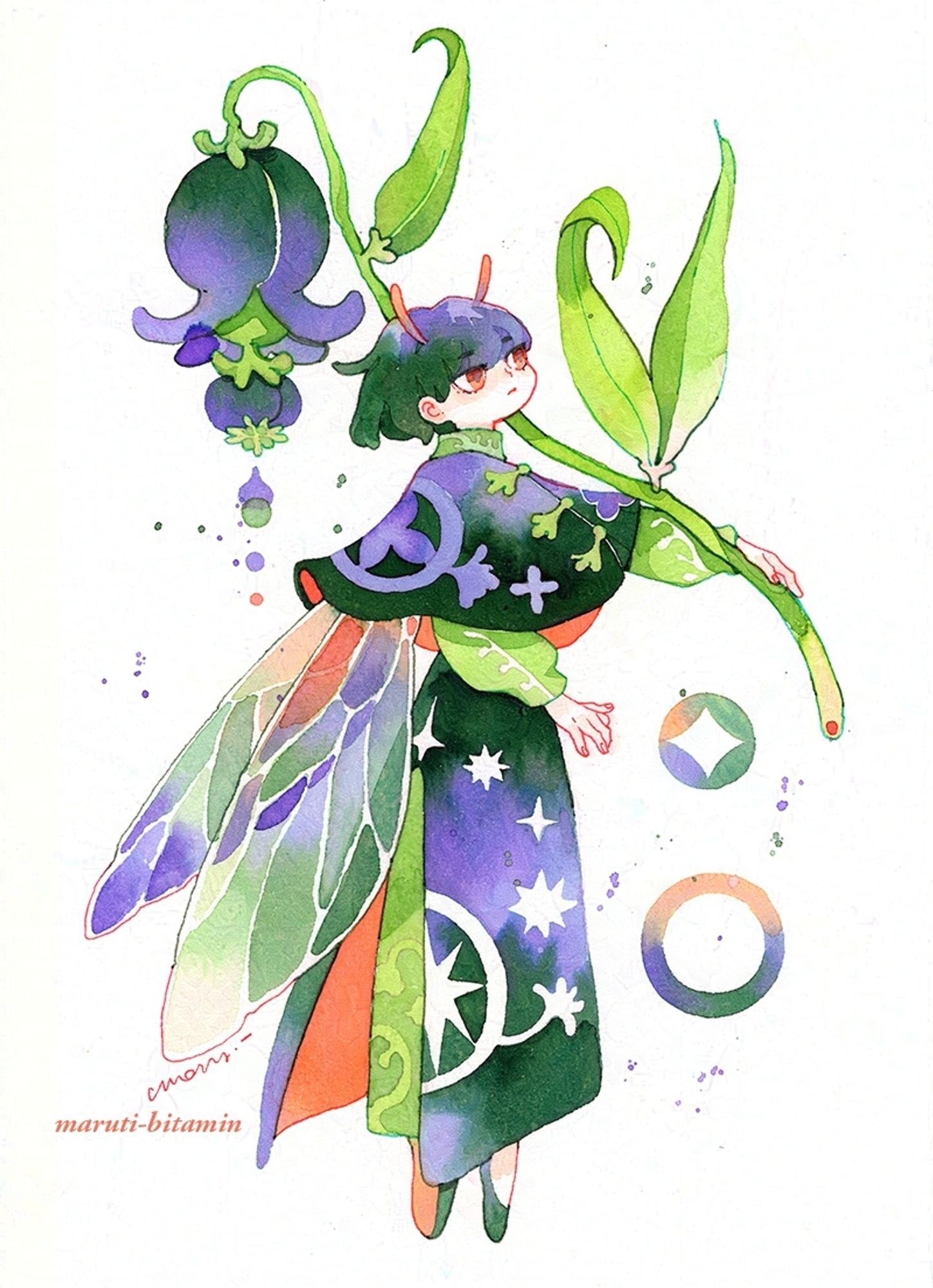 dragonfly fairy holding a bell shaped flower in watercolour and ink