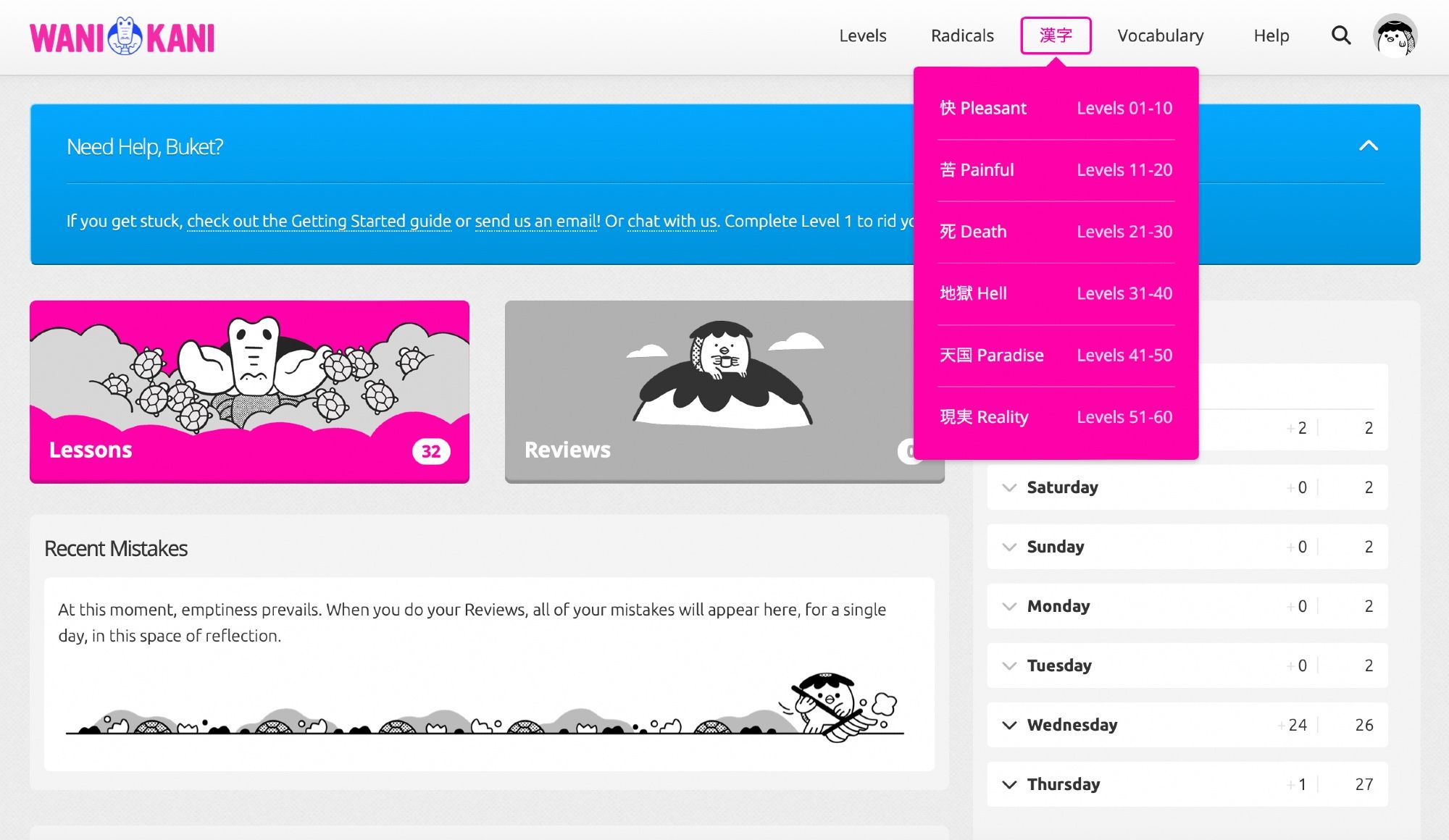 A screenshot of the homepage of WaniKani displaying Lessons, Reviews, Levels, Radicals, Kanji, Vocabulary and so on.