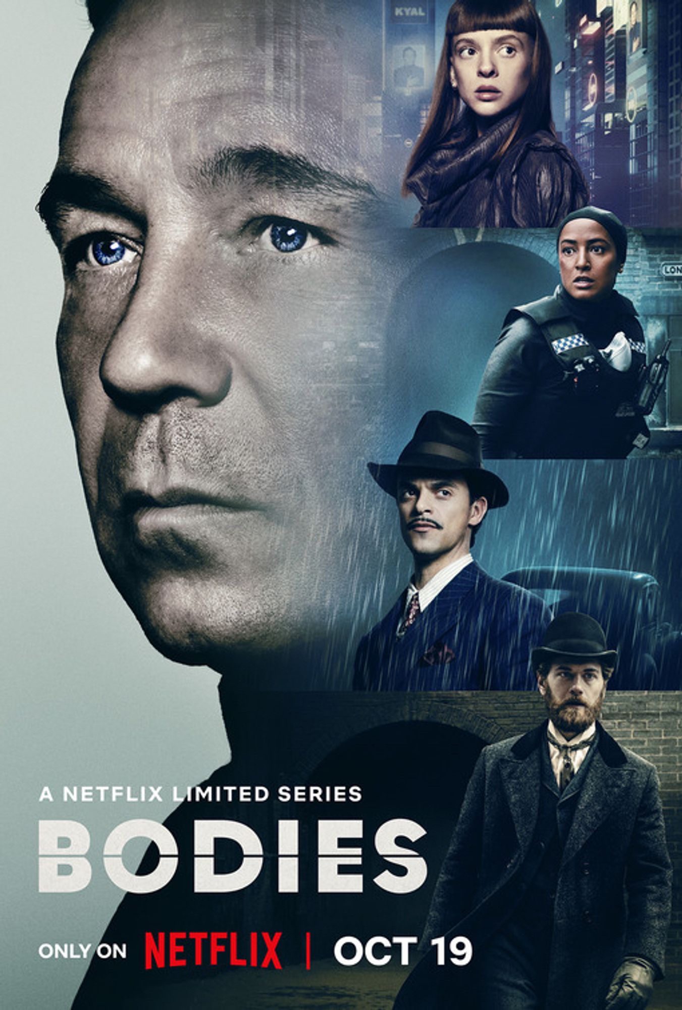 The poster for the Netflix limited series Bodies. On the left is the portrait of a man and on the right the images of the four detectives are stacked.