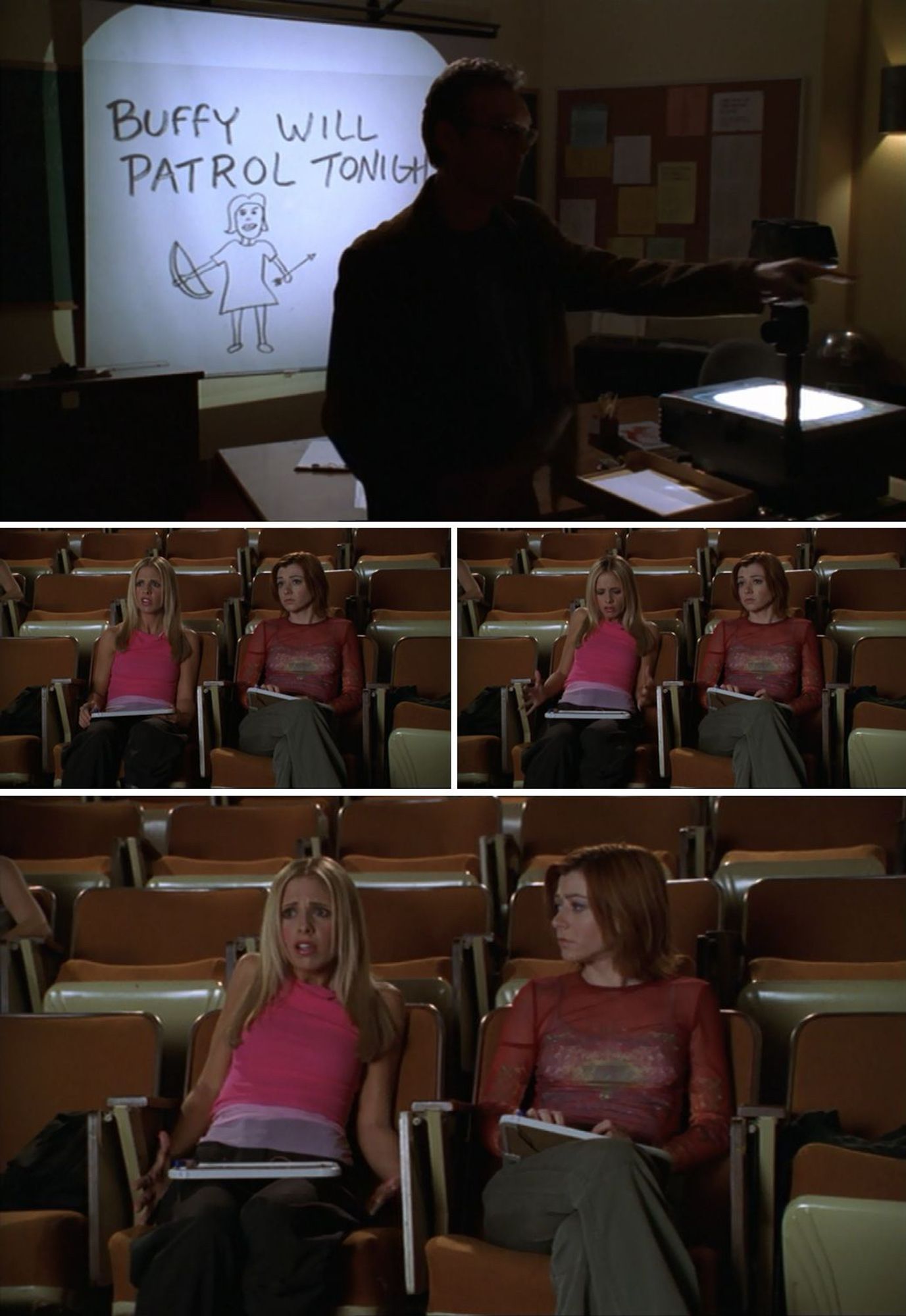 Four screenshots from the Buffy the Vampire Slayer S4E10 "Hush" scene in which Giles is sharing his slides on the Gentlemen. The slide Giles shares in the first screenshot reads "Buffy will patrol tonight" and features a hand-drawn Buffy, wearing an A-line dress and carrying a crossbow and an arrow. In the rest of the screenshots Buffy is demonstrating her discontent with the large hips Giles gave to the doodle Buffy, which was improvised by Sarah Michelle Gellar.

Image source: Chris Albery-Jones's pin https://www.pinterest.co.uk/pin/hush-buffy-will-patrol-tonight-buffy-the-vampire-slayer--69735494200797033/