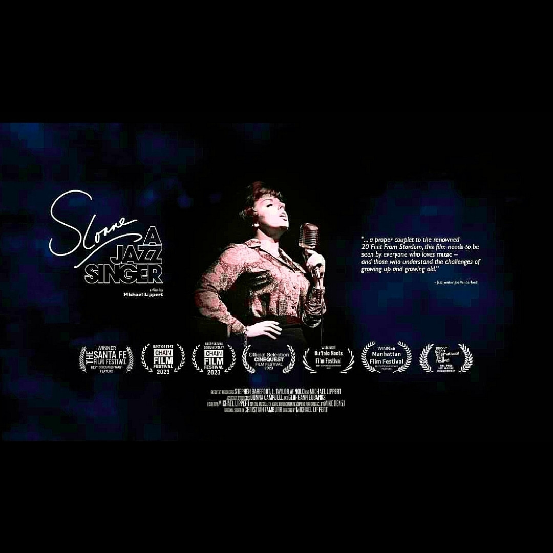 Film poster for SLOANE: A JAZZ SINGER featuring a sepia-coloured photo of a woman singing into a microphone in the centre, the title of the film to the left, a quote extolling her prowess as a jazz vocalist to the right, and a great big strong of film festival laurels below her image showing how many film festivals the documentary has been accepted into, including Doc Edge NZ.