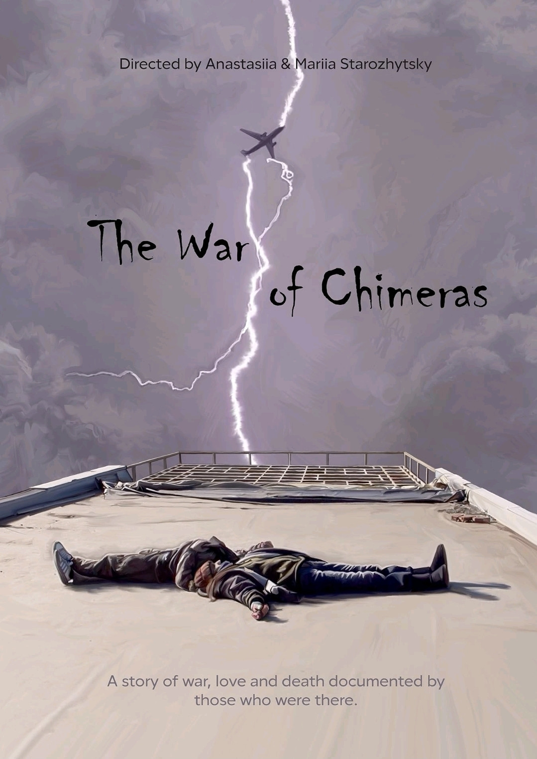 Poster for WAR OF THE CHIMERAS by mother/daughter Ukrainian directors Mariia & Anastasiia Starozhytsky.  It features a drawing of a young man & a woman lying on their backs, head to head, on a flat building roof whilst lightning splits a grey stormy sky.